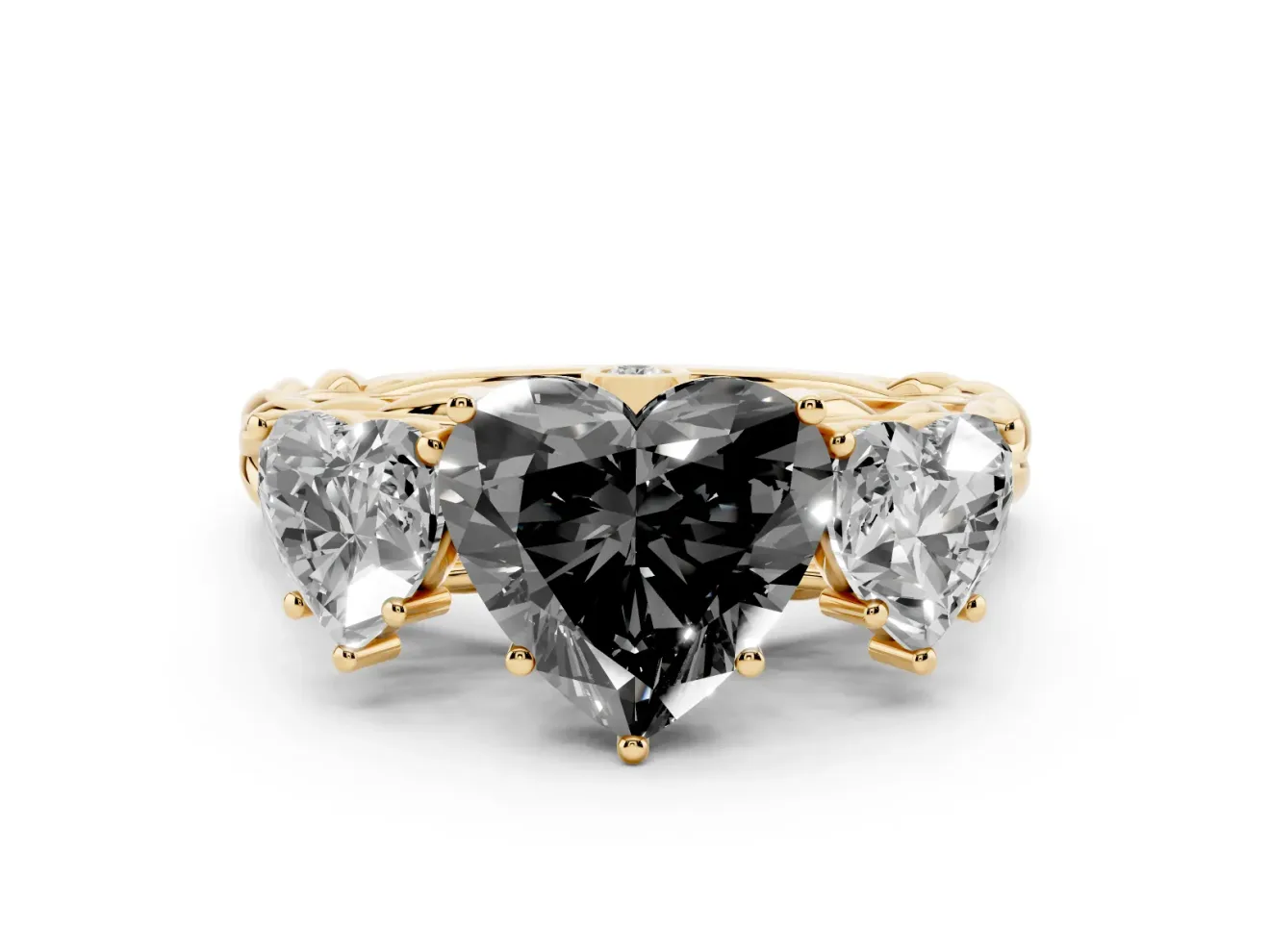 Heart-Shaped Three Stone Engagement Ring Setting for a Black Center | Braided Band | Yellow Gold