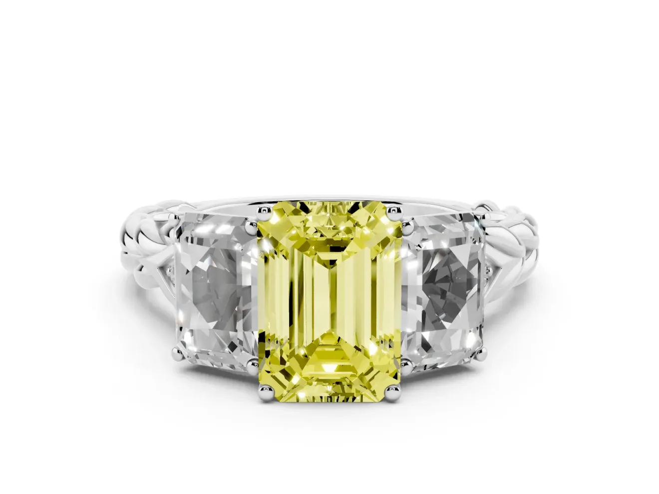 Fancy Yellow Emerald Cut Diamond Three-Stone Ring Set in White gold with Braided Band