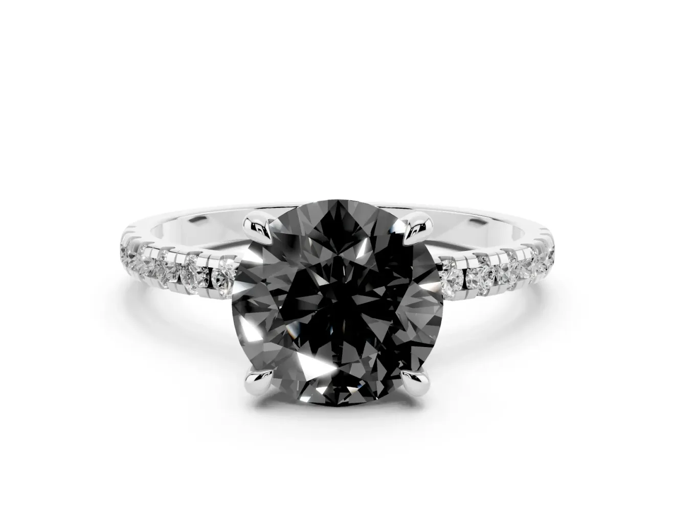 Fancy Black Round Cut Diamond Brilliant Solitaire Ring Set in Silver with Pavé Band and Prong Setting
