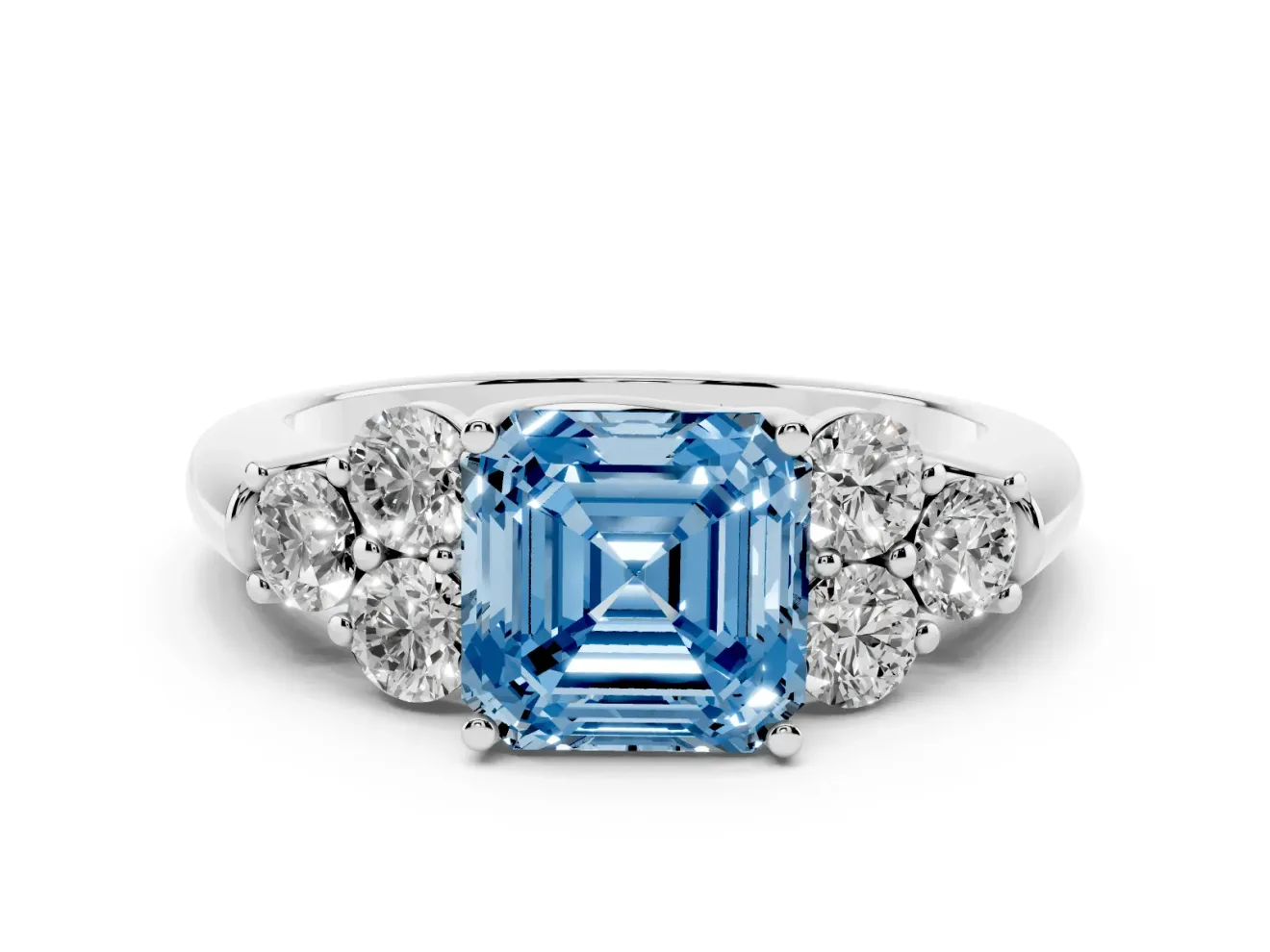 Fancy Blue Asscher Cut Diamond Cluster Ring Set in Platinum with Round Accent Stones and Prong Setting on a Plain Band