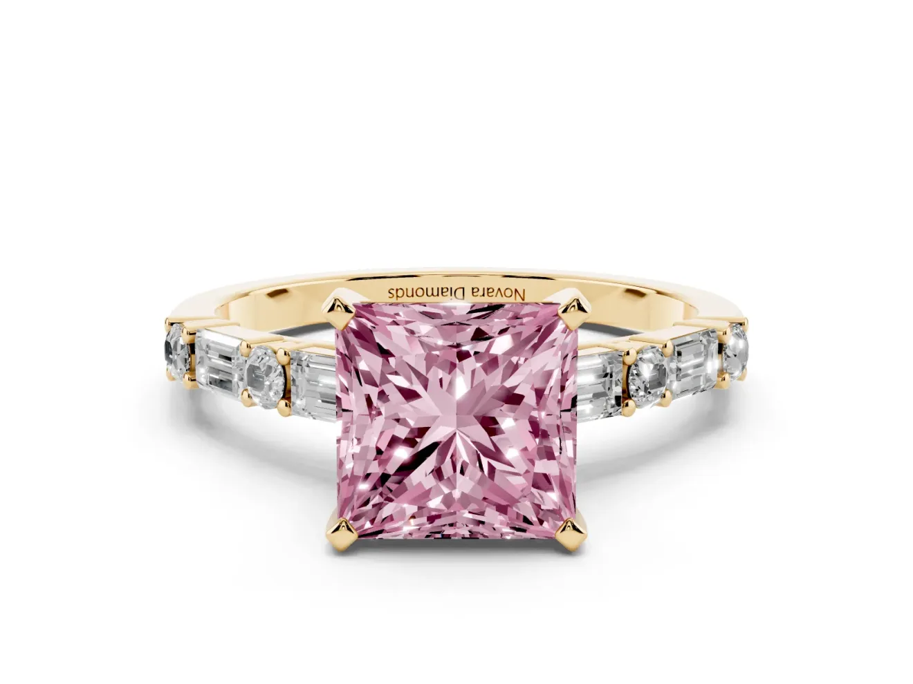 Princess Cut Baguette Side Stone Engagement Ring Setting for a Fancy Pink Lab-Grown Diamond | Yellow Gold