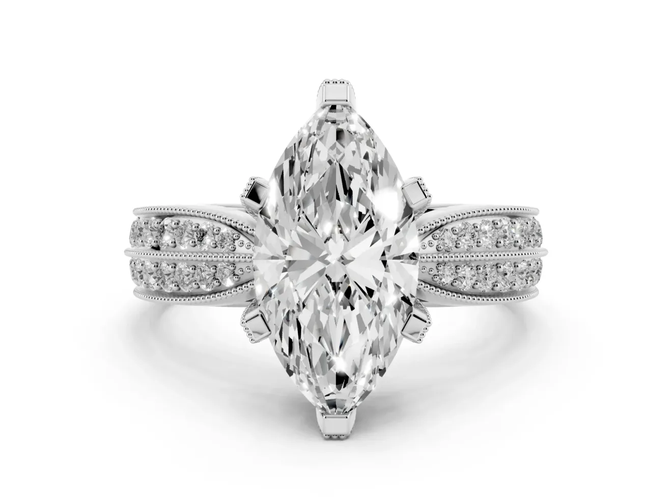 Marquise Cut Diamond Solitaire Ring Set in Platinum with Milgrain Double Row Round Pavé Band