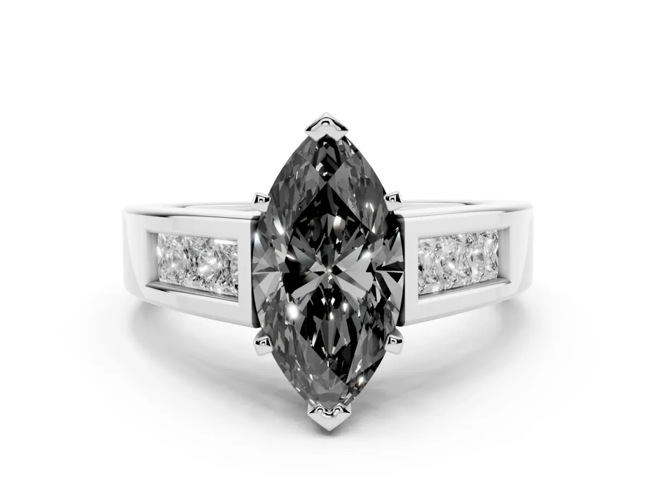 Marquise Channel-Set Engagement Ring Setting for a Black Center | Princess Side Stones | Platinum