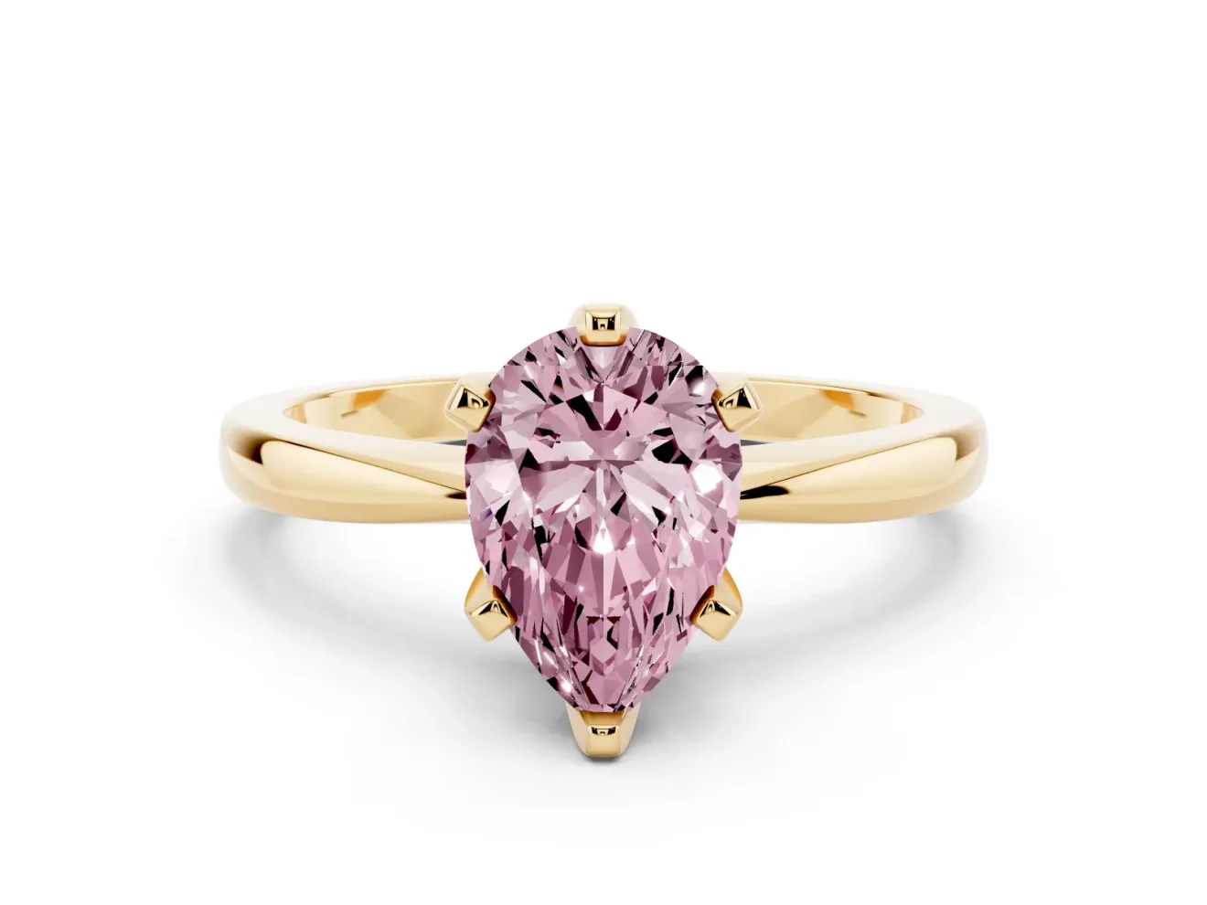 Fancy Pink Pear Cut Diamond Solitaire Engagement Ring Set in Yellow gold with Slim Tapered Solitaire Band