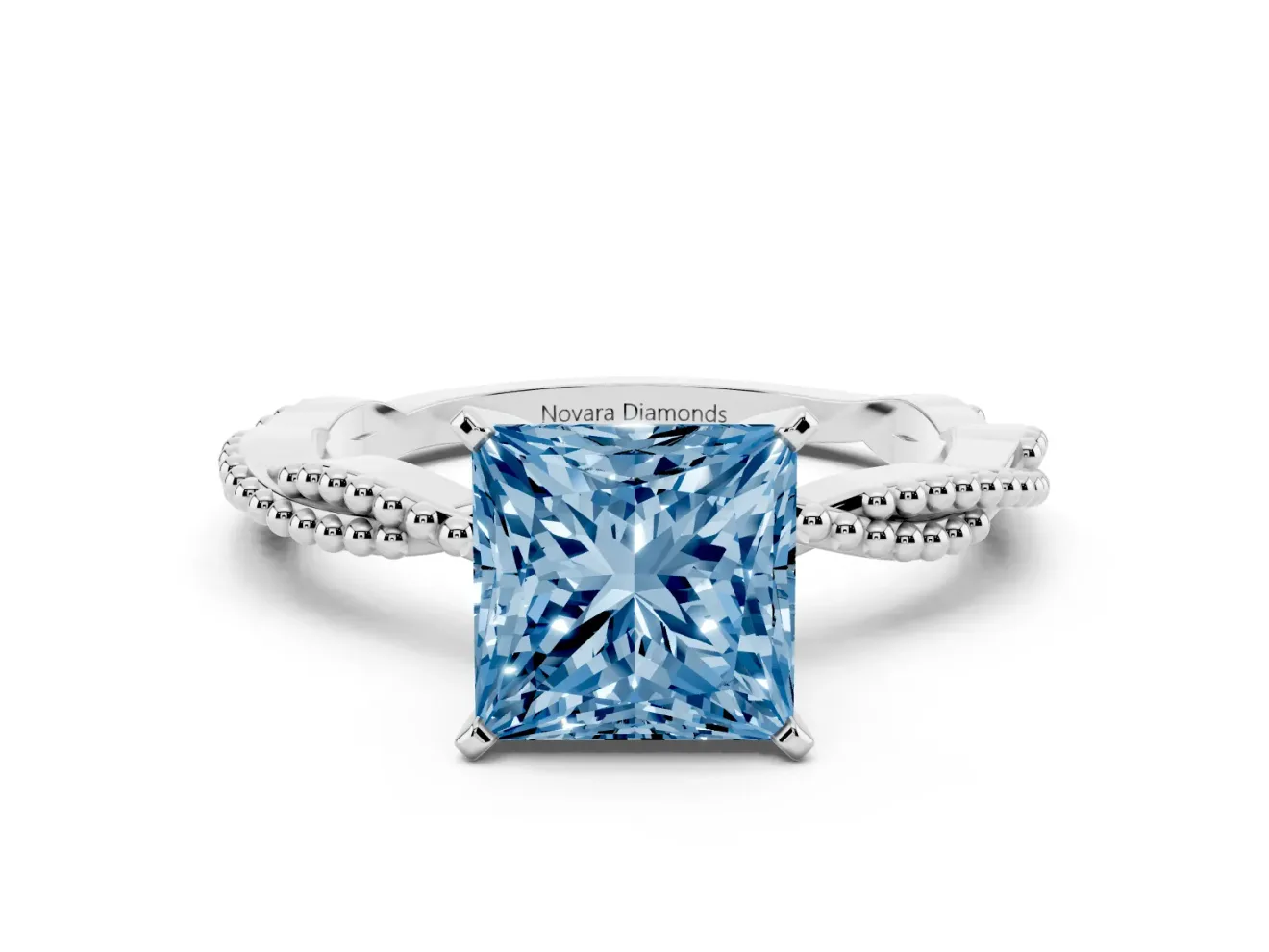 Fancy Blue Princess Cut Diamond Solitaire Ring Set in Platinum with Twisted Band and Bead Prong Setting