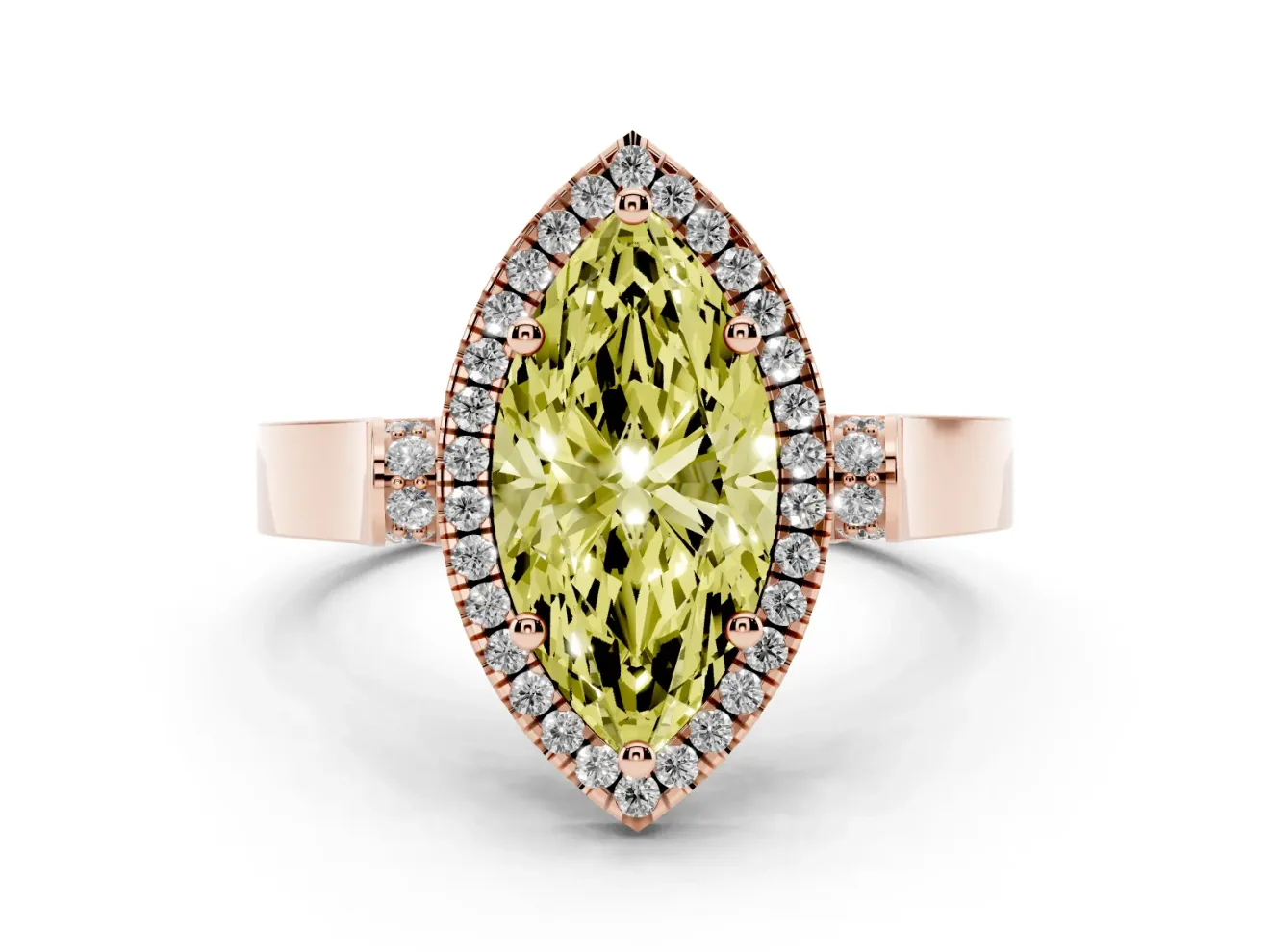 Fancy Yellow Marquise Cut Diamond Halo Ring Set in Rose gold with Pavé-Lined Split Shank Band