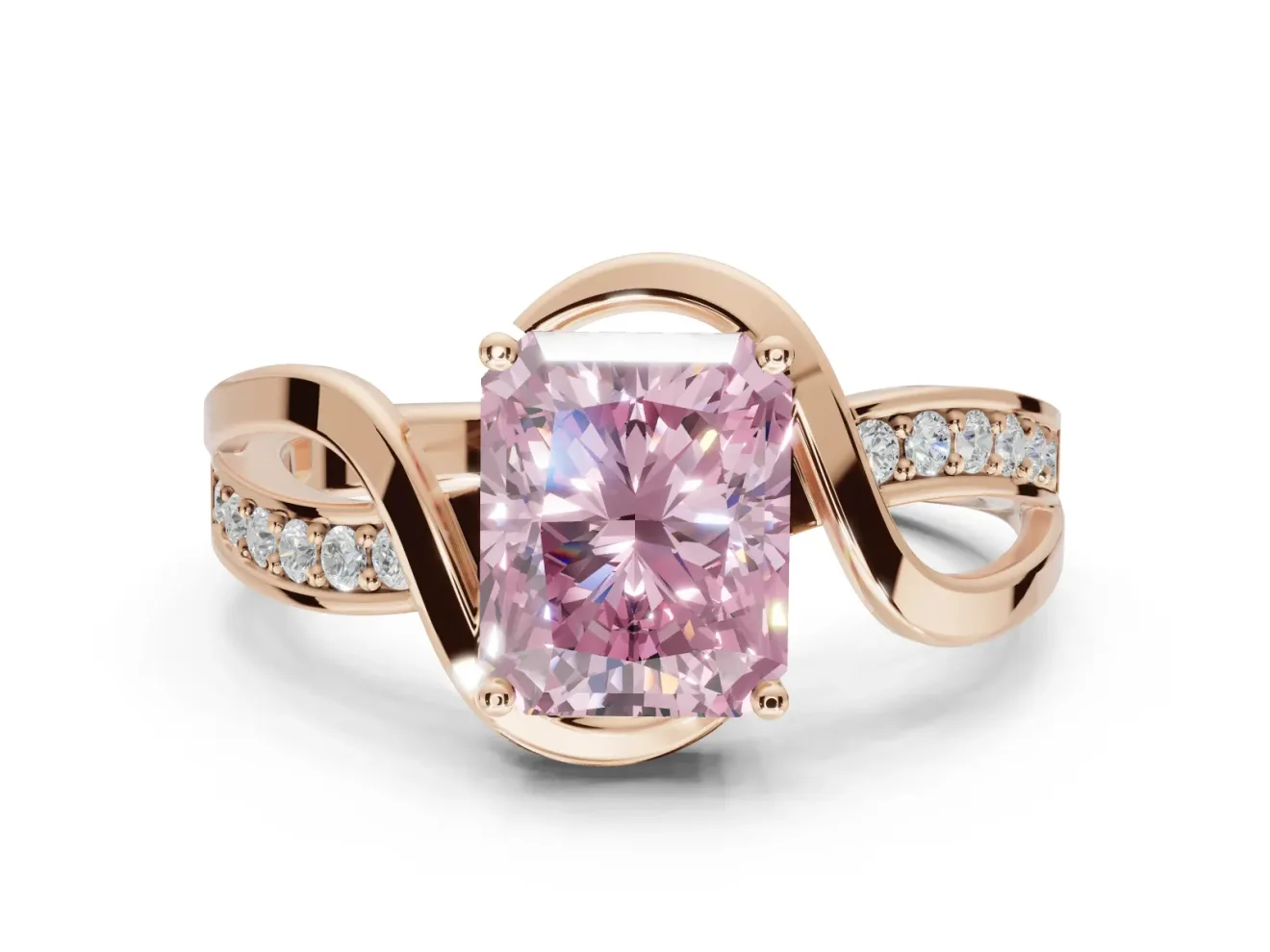 Radiant Cut Bypass Solitaire Engagement Ring Setting for a Fancy Pink Lab-Grown Diamond | Pavé Strands | Rose Gold