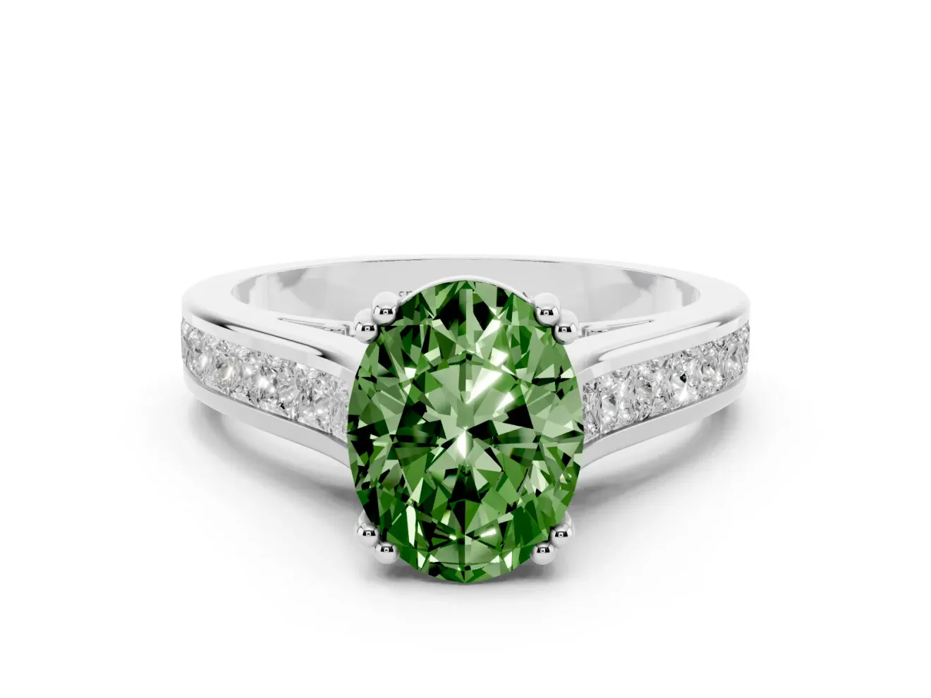 Oval Cathedral Channel Set Engagement Ring Setting for a Fancy Green Lab-Grown Diamond | Double Claw Prongs | White Gold
