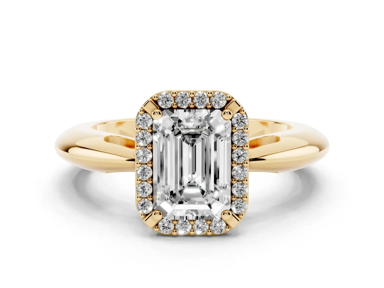Emerald Cut Diamond Halo Engagement Ring Set in Yellow gold with Plain Split Shank and Prong Setting