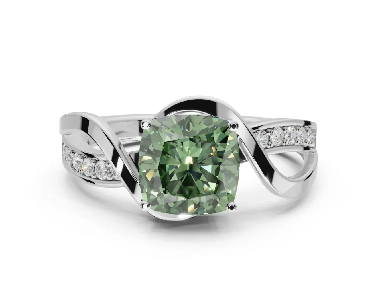 Cushion Cut Bypass Solitaire Engagement Ring Setting for a Fancy Green Lab-Grown Diamond | Pavé Strands | White Gold