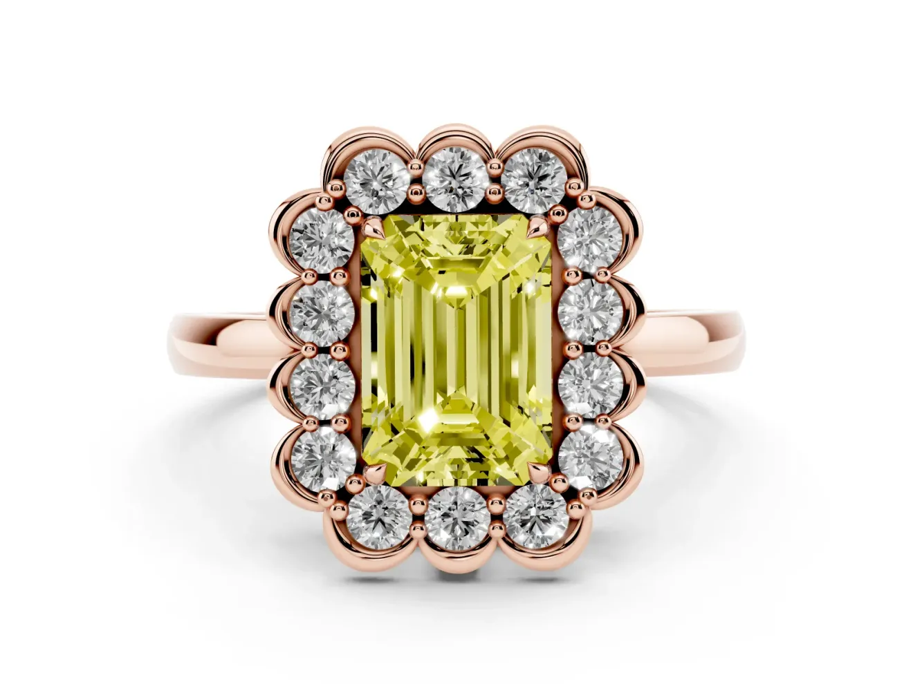 Emerald Cut Scalloped Cluster Halo Engagement Ring Setting for a Fancy Yellow Lab-Grown Diamond | Plain Band | Rose Gold