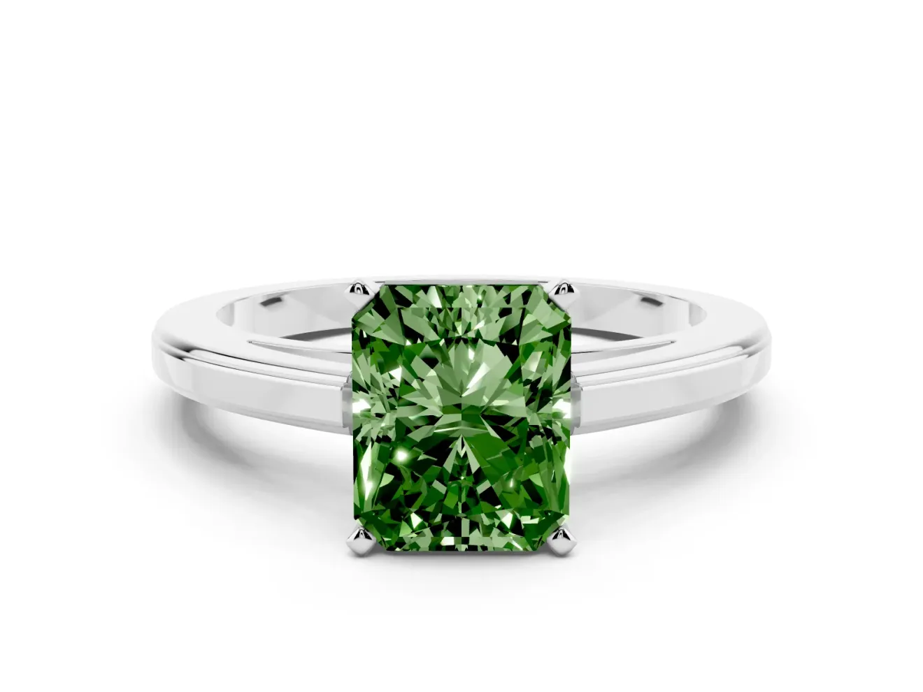 Fancy Green Radiant Cut Diamond Solitaire Ring Set in Silver with Prong Setting and Classic Band