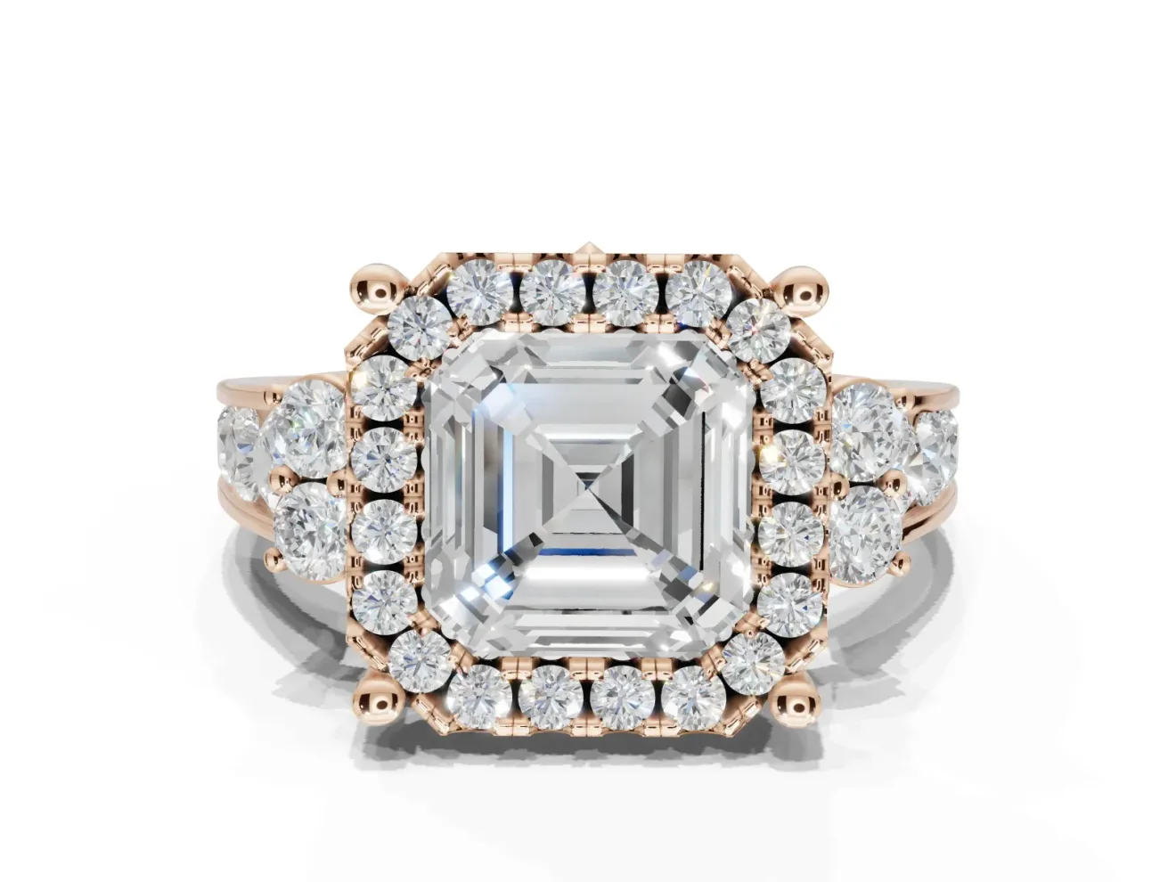 Asscher Cut Halo Side Cluster Engagement Ring Setting | Graduated Channel Band | Rose Gold