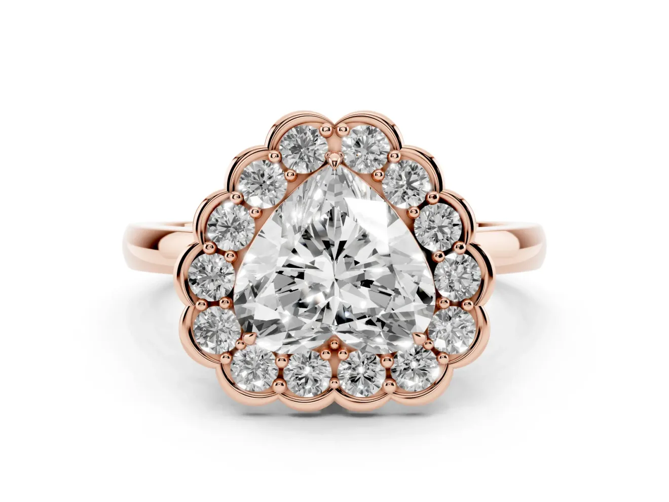 Heart-Shaped Scalloped Cluster Halo Engagement Ring Setting | Plain Band | Rose Gold