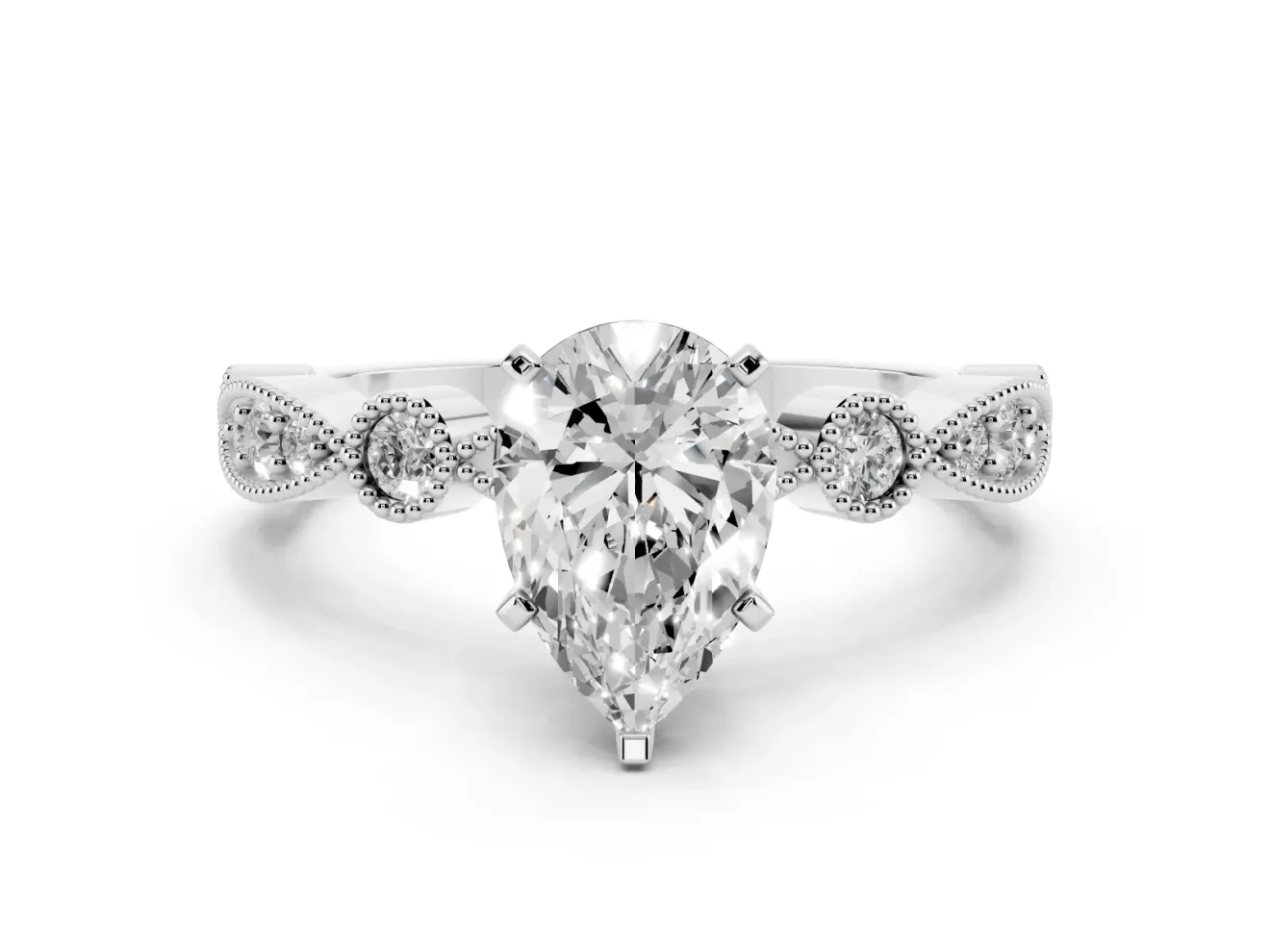 Pear Cut Diamond Solitaire Engagement Ring Set in Silver with Milgrain Bezel Accent Band