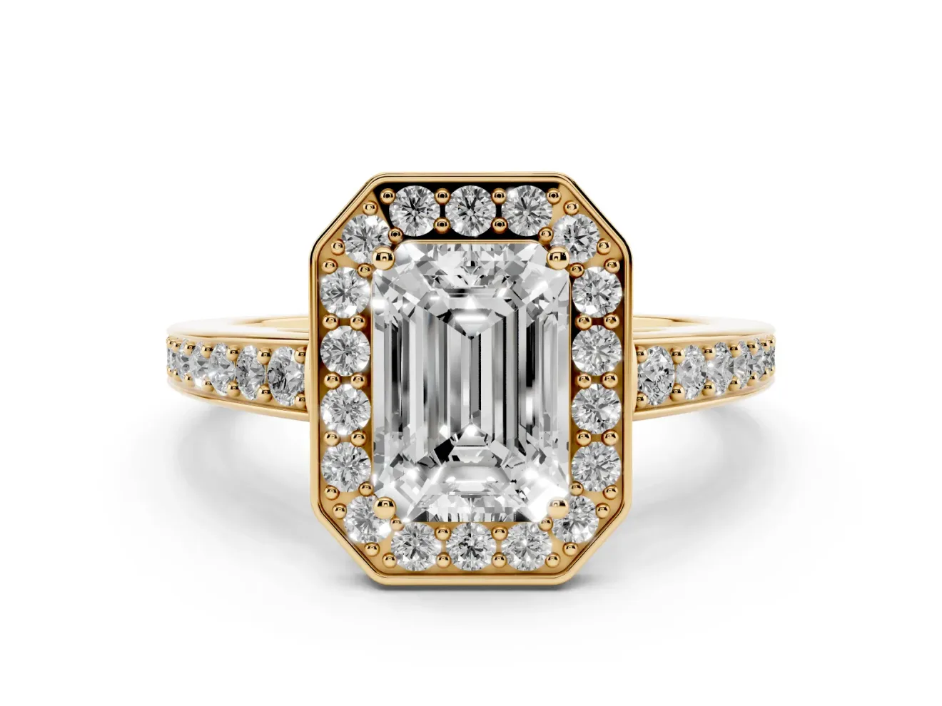 Emerald Cut Diamond Halo Pavé Engagement Ring Set in Yellow gold with Bezel Setting