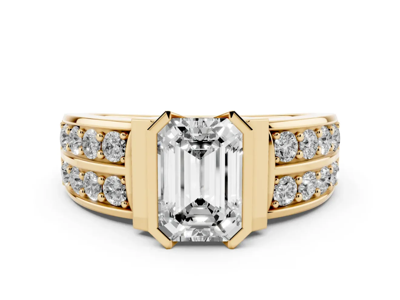 Emerald Cut Half Bezel Engagement Ring Setting | Double Row Channel Band | Yellow Gold