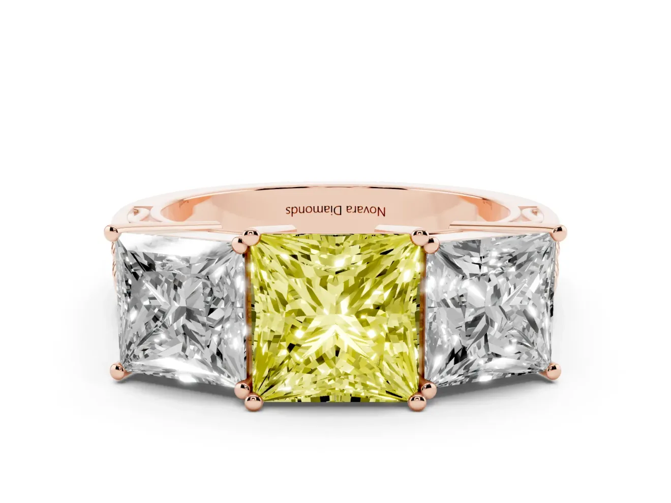 Princess Cut Three Stone Engagement Ring Setting for a Fancy Yellow Lab-Grown Diamond | Beaded Shoulders | Rose Gold