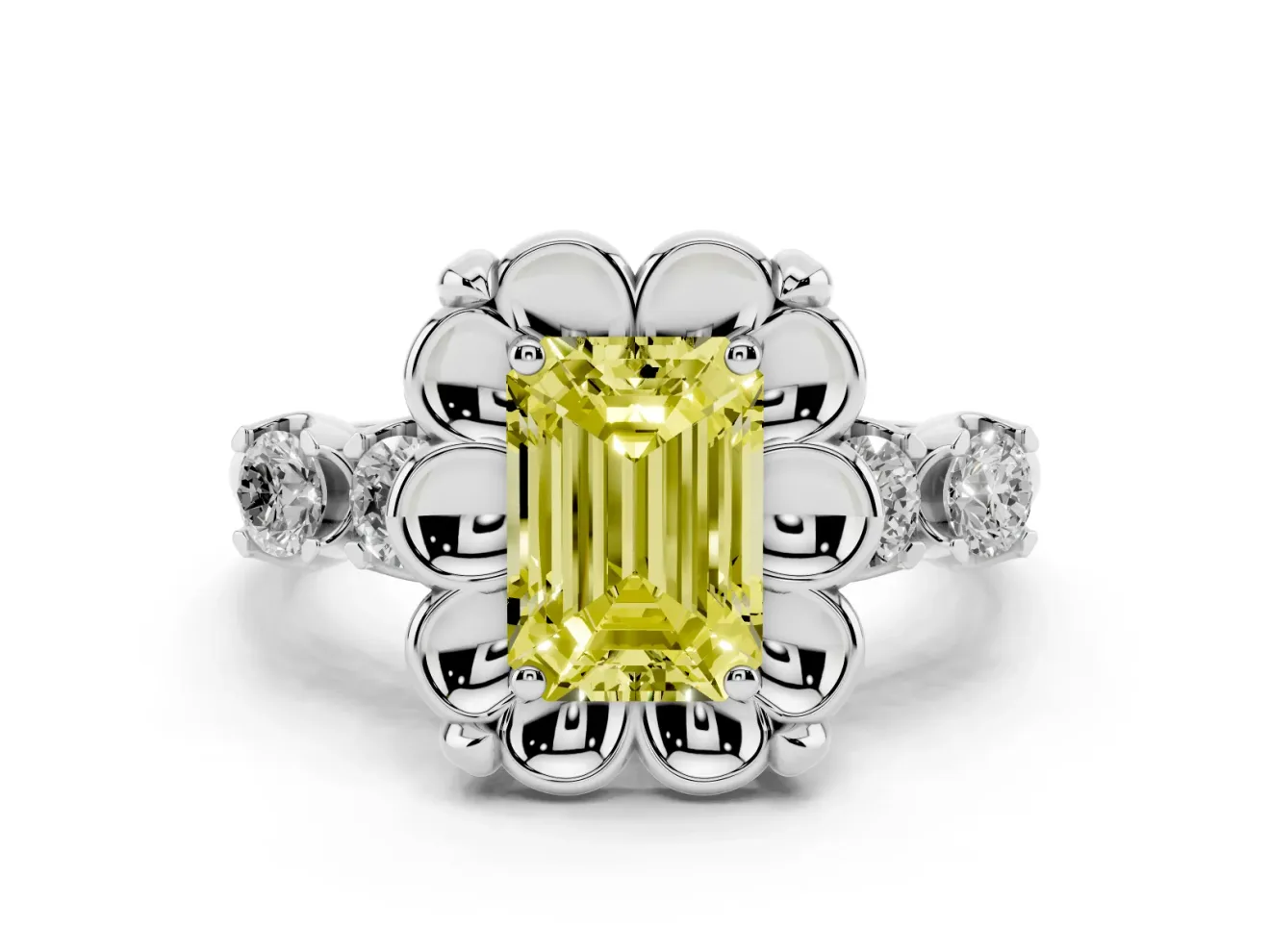 Emerald Cut Floral Engagement Ring Setting for a Fancy Yellow Lab-Grown Diamond | Petal Frame and Side Stones | Platinum