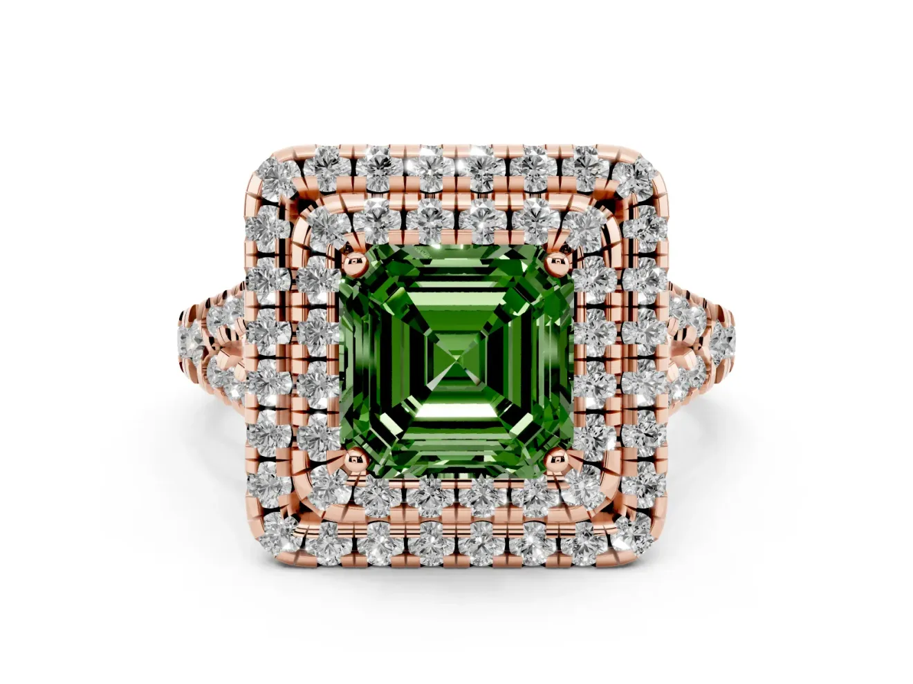 Asscher Cut Halo Split Shank Engagement Ring Setting for a Fancy Green Lab-Grown Diamond | Pavé Strands | Rose Gold