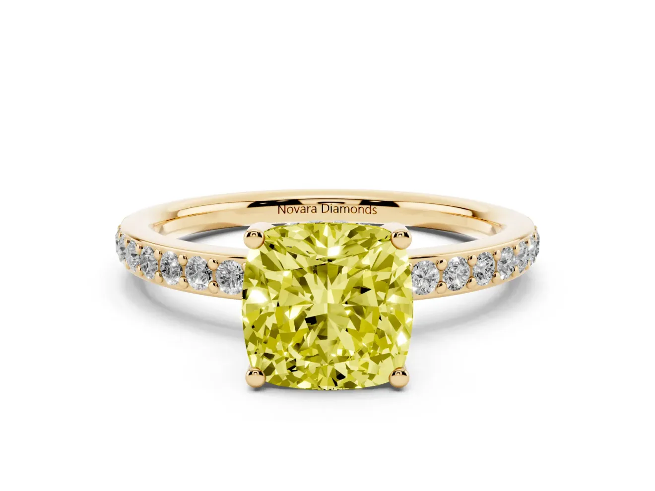 Fancy Yellow Cushion Cut Diamond Pavé Band Ring Set in Yellow gold with Prong-Set Center Stone