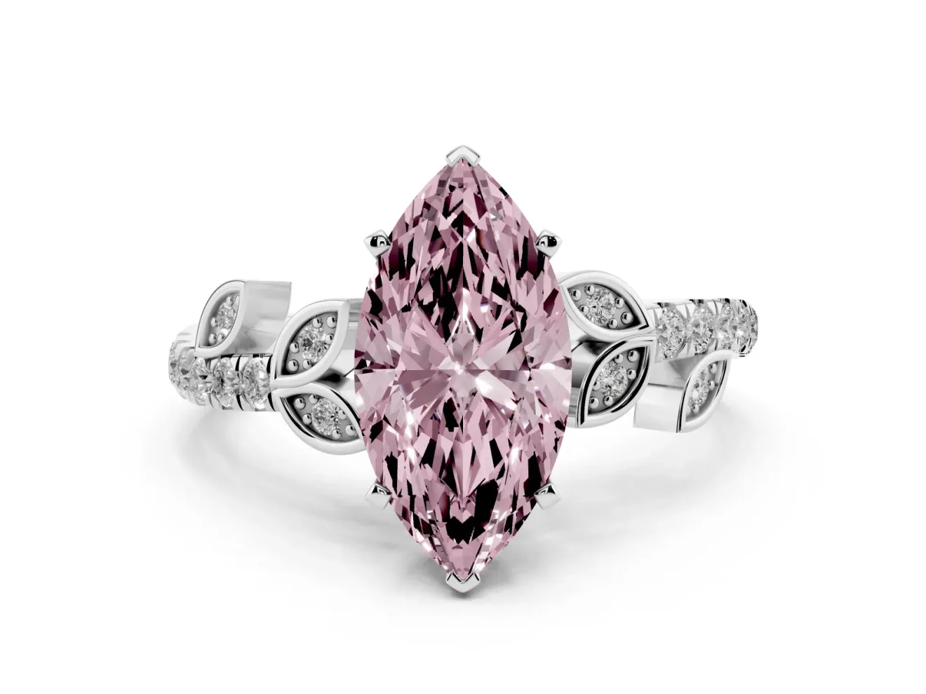 Fancy Pink Marquise Cut Diamond Solitaire Leaf-Inspired Ring Set in White gold with Pavé Band and Prong Setting