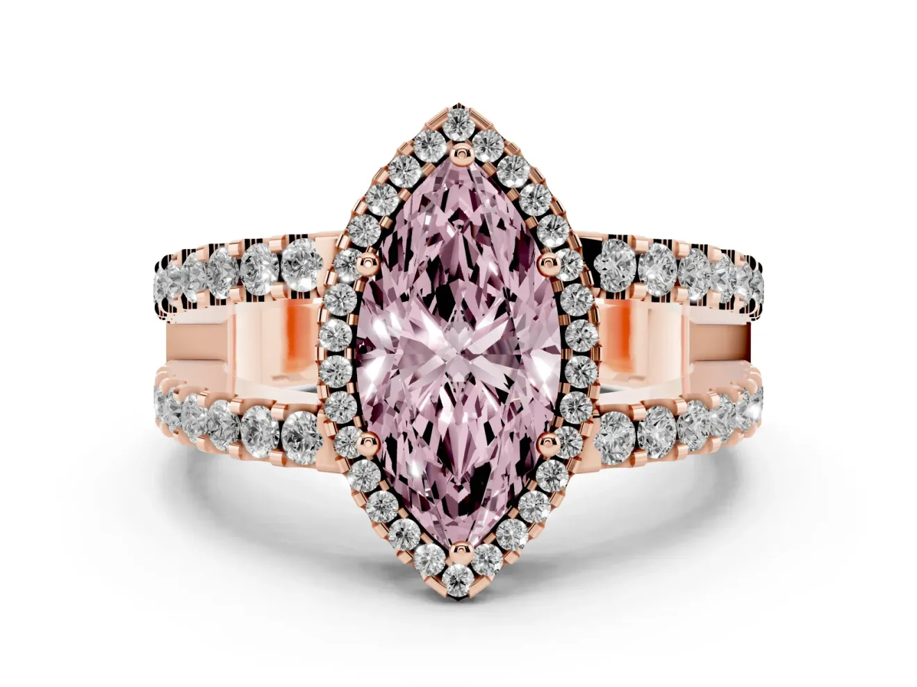Fancy Pink Marquise Cut Diamond Halo Ring Set in Rose gold with Pavé Split Shank and Prong Setting