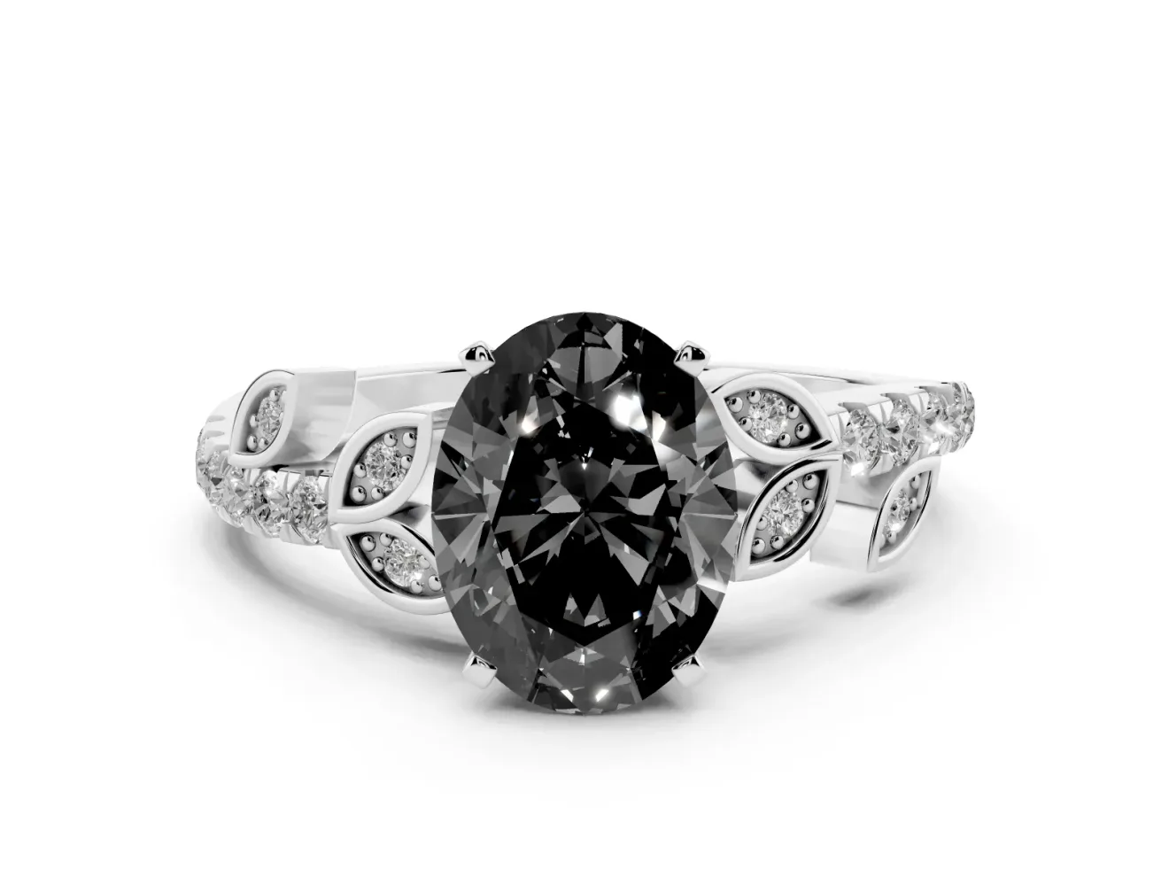 Fancy Black Oval Cut Diamond Solitaire Leaf-Inspired Ring Set in Silver with Pavé Band and Prong Setting