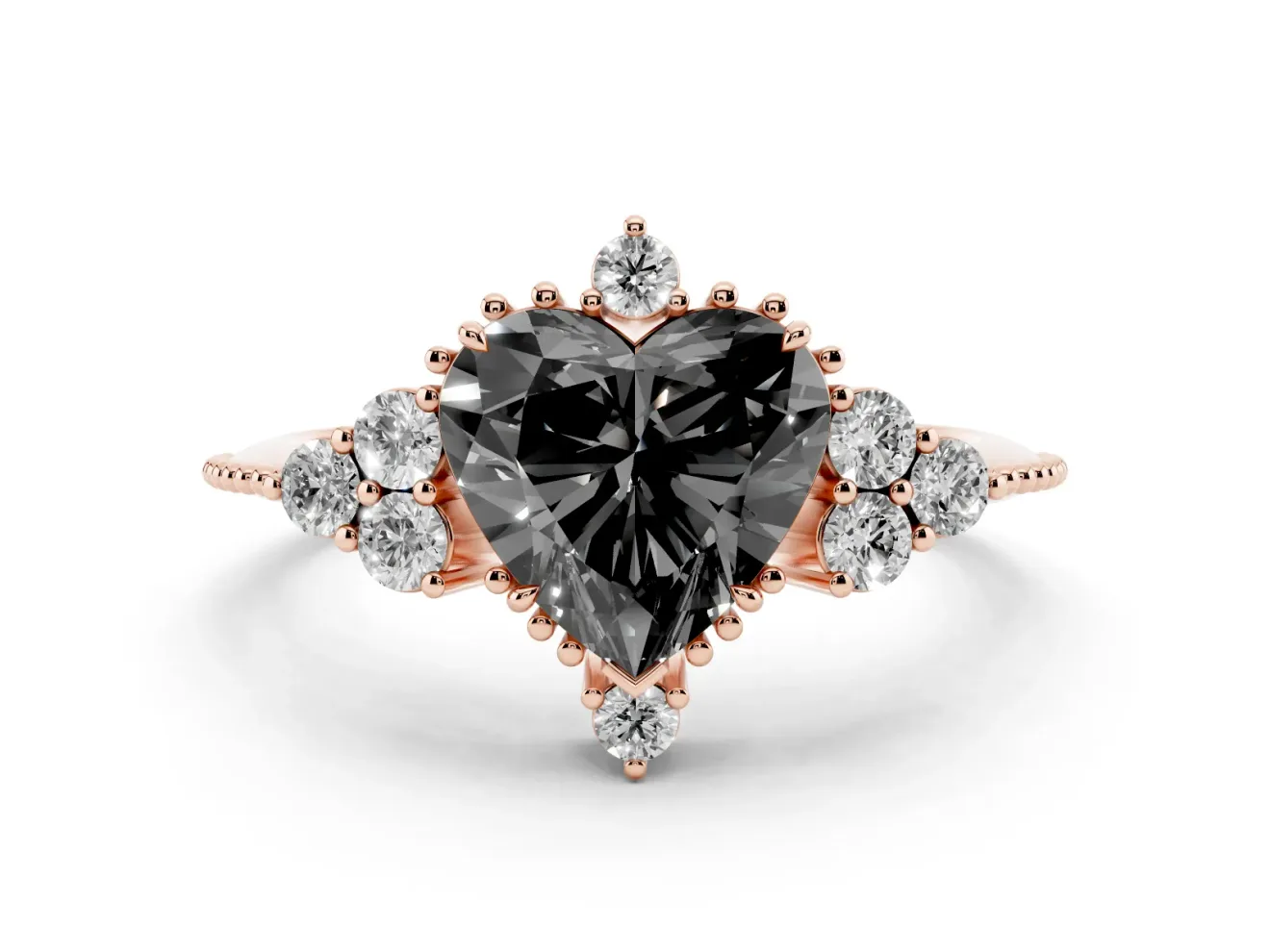 Heart-Shaped Vintage Cluster Engagement Ring Setting for a Black Center | Beaded Edges | Rose Gold
