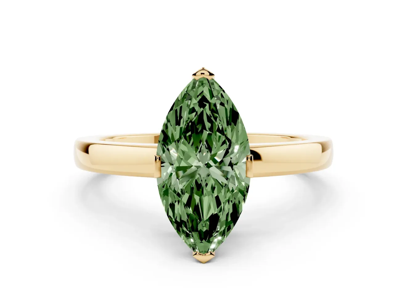 Fancy Green Marquise Cut Diamond Solitaire Ring Set in Yellow gold with Prong Head and Smooth Polished Band