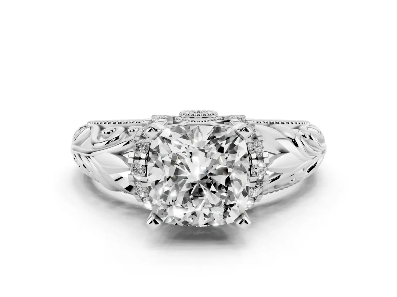 Cushion Cut Vintage Filigree Solitaire Engagement Ring Setting | Accented Basket | White Gold