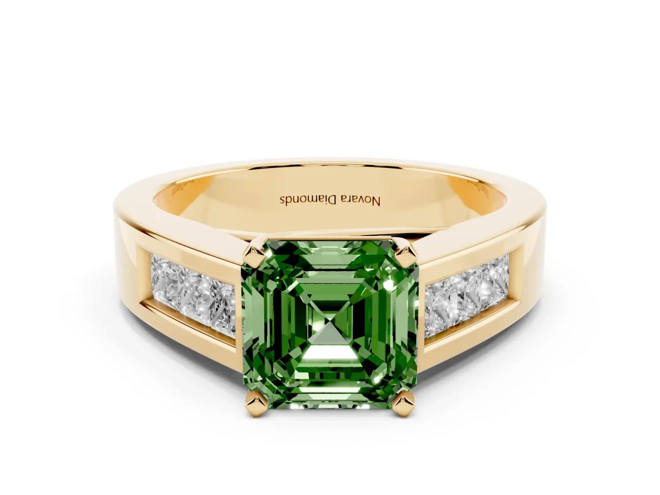 Fancy Green Asscher Cut Diamond Solitaire Ring Set in Yellow gold with Channel-Set Accent Stones and Prong Setting