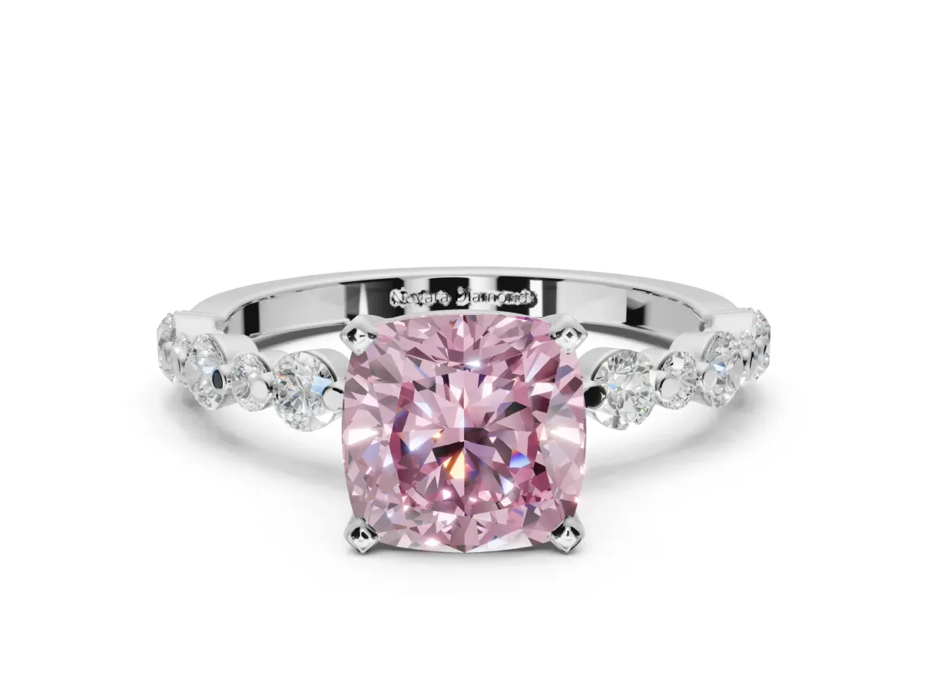 Cushion Cut Pavé Solitaire Engagement Ring Setting for a Fancy Pink Lab-Grown Diamond | Alternating Accents | White Gold
