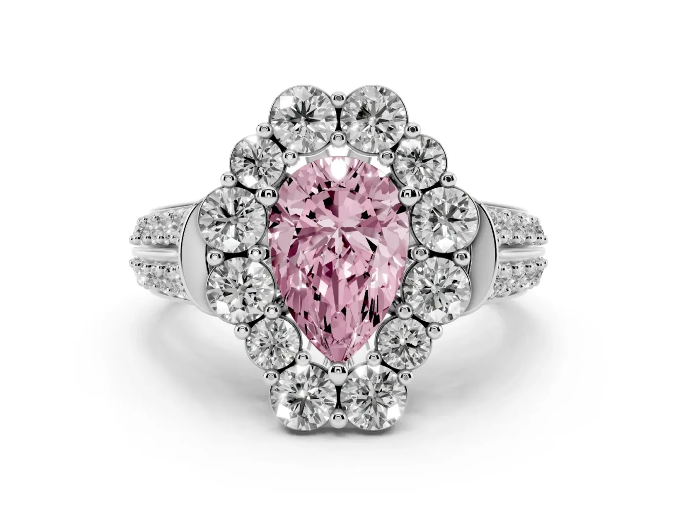 Fancy Pink Pear Cut Diamond Halo Engagement Ring Set in White gold with Split Shank and Prong Setting