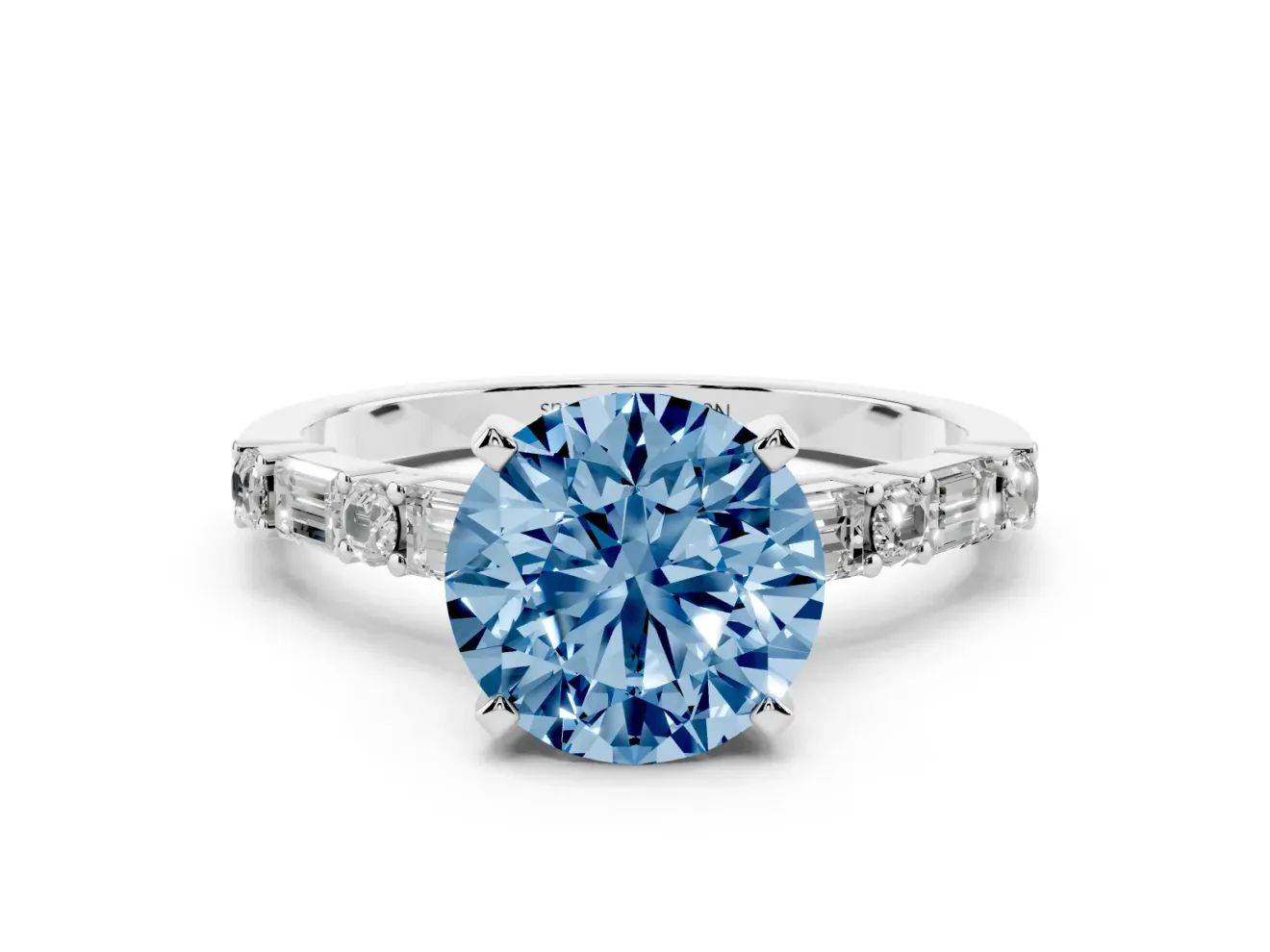 Fancy Blue Round Cut Diamond Solitaire Set in Silver with Side Baguettes and Channel Set Band
