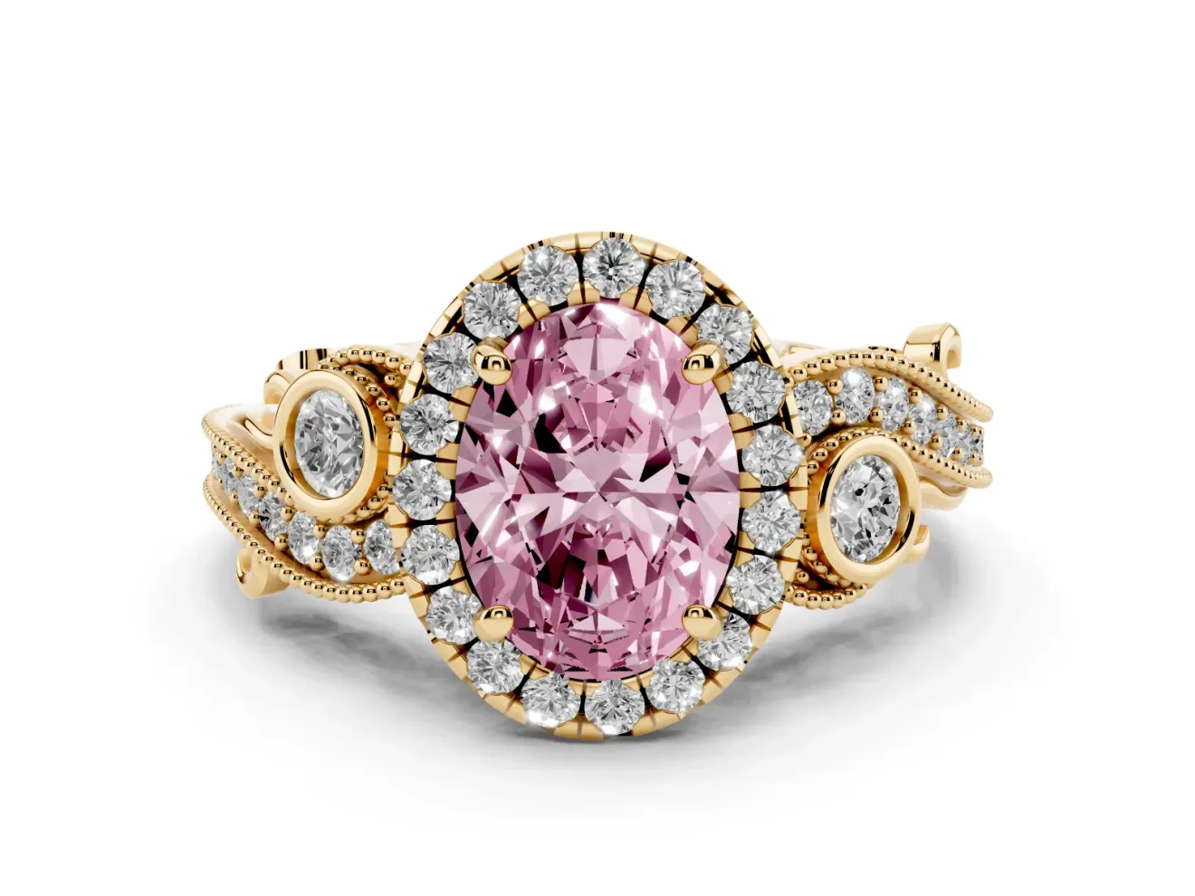Oval Vintage Halo Engagement Ring Setting for a Fancy Pink Lab-Grown Diamond | Bezel Shoulder Accents | Yellow Gold