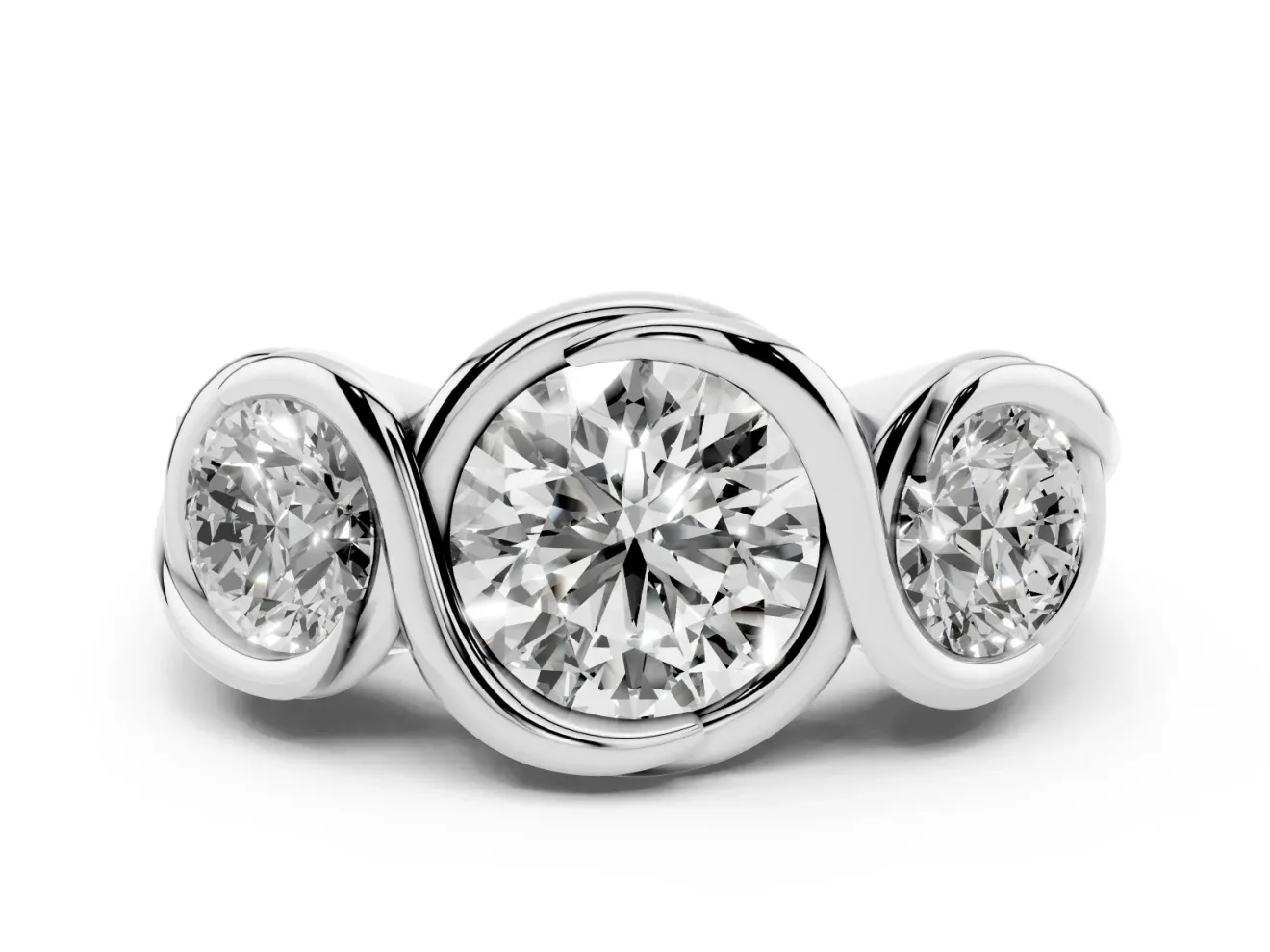 Round Bezel Three Stone Engagement Ring Setting | S-Curve Wave | Sterling Silver