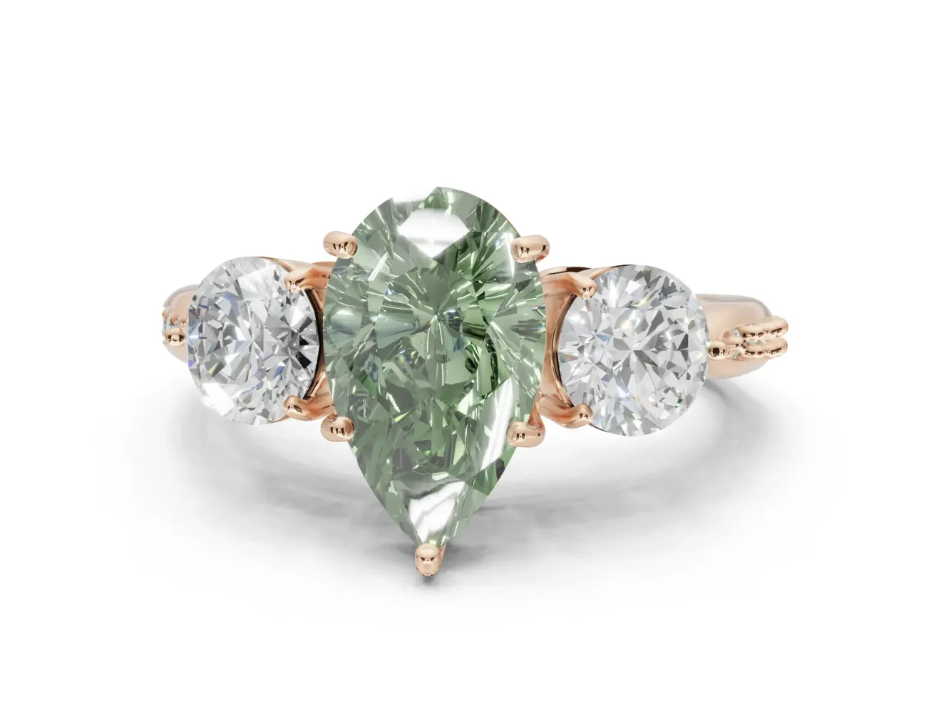 Pear-Shaped Three Stone Engagement Ring Setting for a Fancy Green Lab-Grown Diamond | Tapered Pave Band | Rose Gold