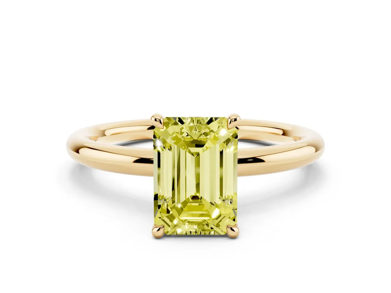 Fancy Yellow Emerald Cut Diamond Solitaire Ring Set in Yellow gold with Thin Band and Prong Setting