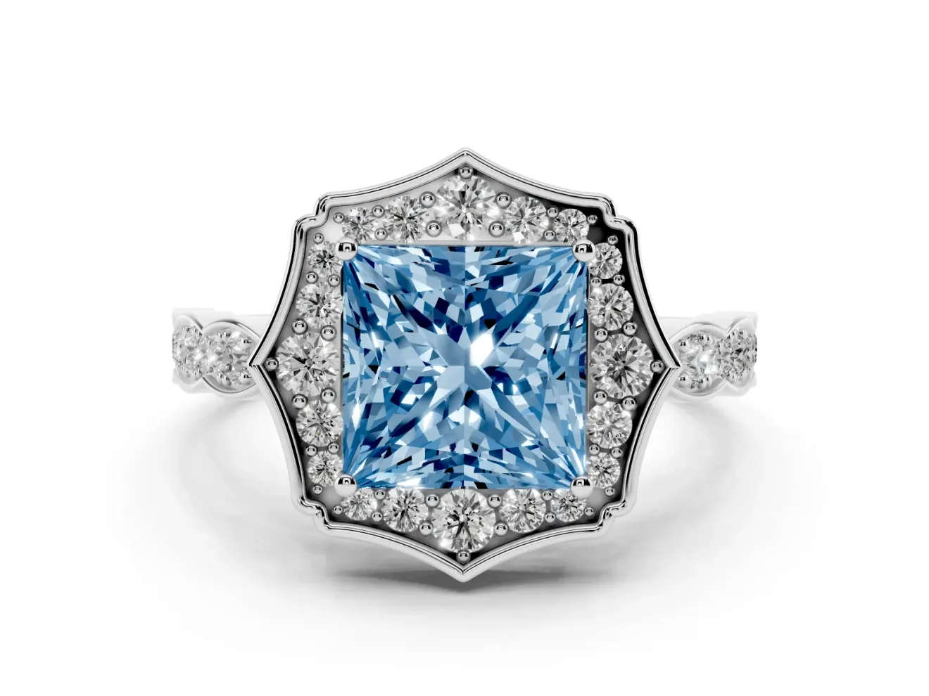 Princess Cut Scalloped Halo Engagement Ring Setting for a Fancy Blue Lab-Grown Diamond | Pave Band | Sterling Silver