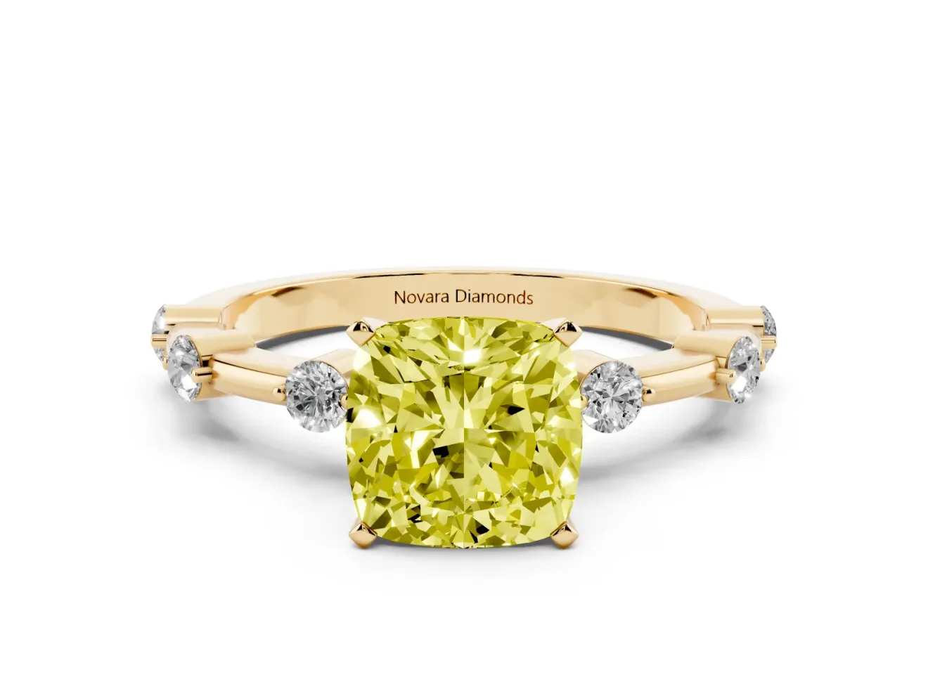 Fancy Yellow Cushion Cut Diamond Solitaire Ring Set in Yellow gold with Bezel Set Side Stones and Prong Setting