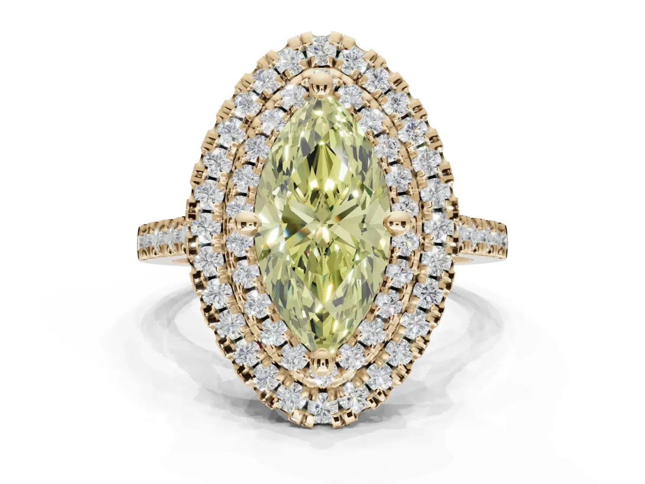 Canary Yellow Marquise Lab-Grown Diamond Double Halo Statement Ring Set in Yellow Gold with Pavé Band
