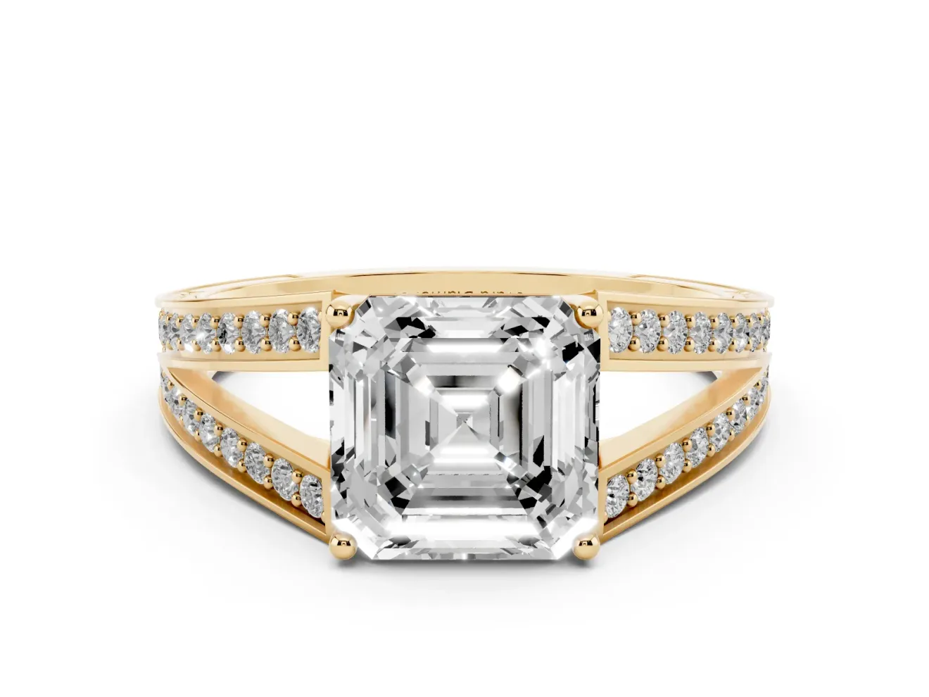 Asscher Cut Diamond Split Shank Ring Set in Yellow gold with Pavé Band and Prong Setting