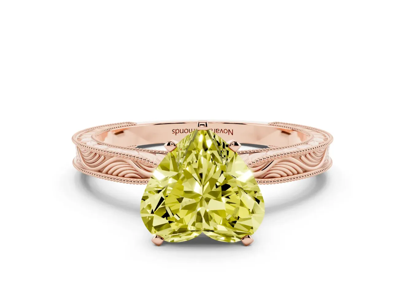 Fancy Yellow Heart Cut Diamond Solitaire Milgrain Engraved Band Set in Rose gold with Prong Setting