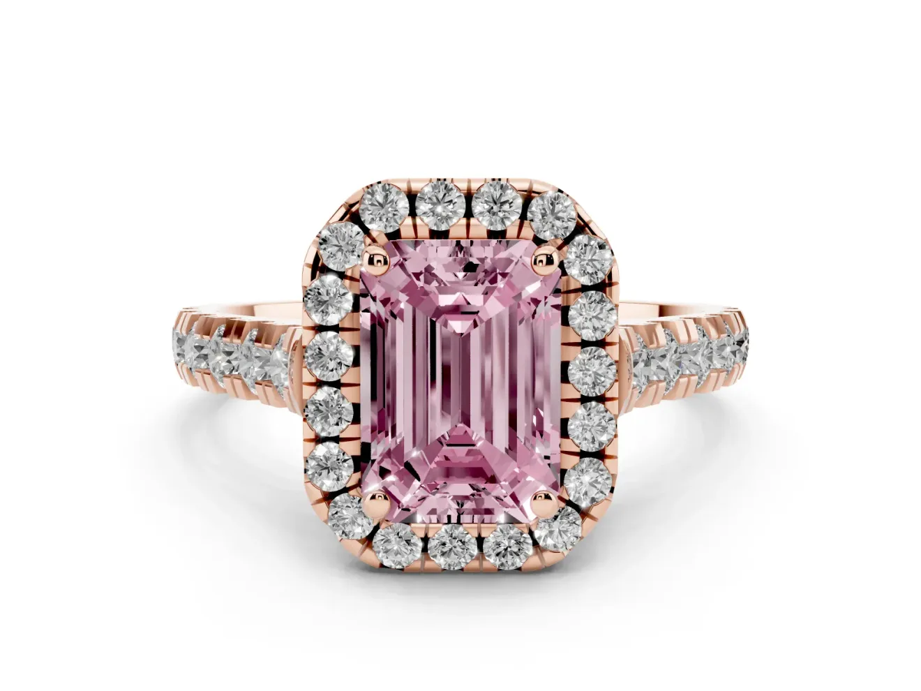 Emerald Cut Accented Halo Engagement Ring Setting for a Fancy Pink Lab-Grown Diamond | Rose Gold