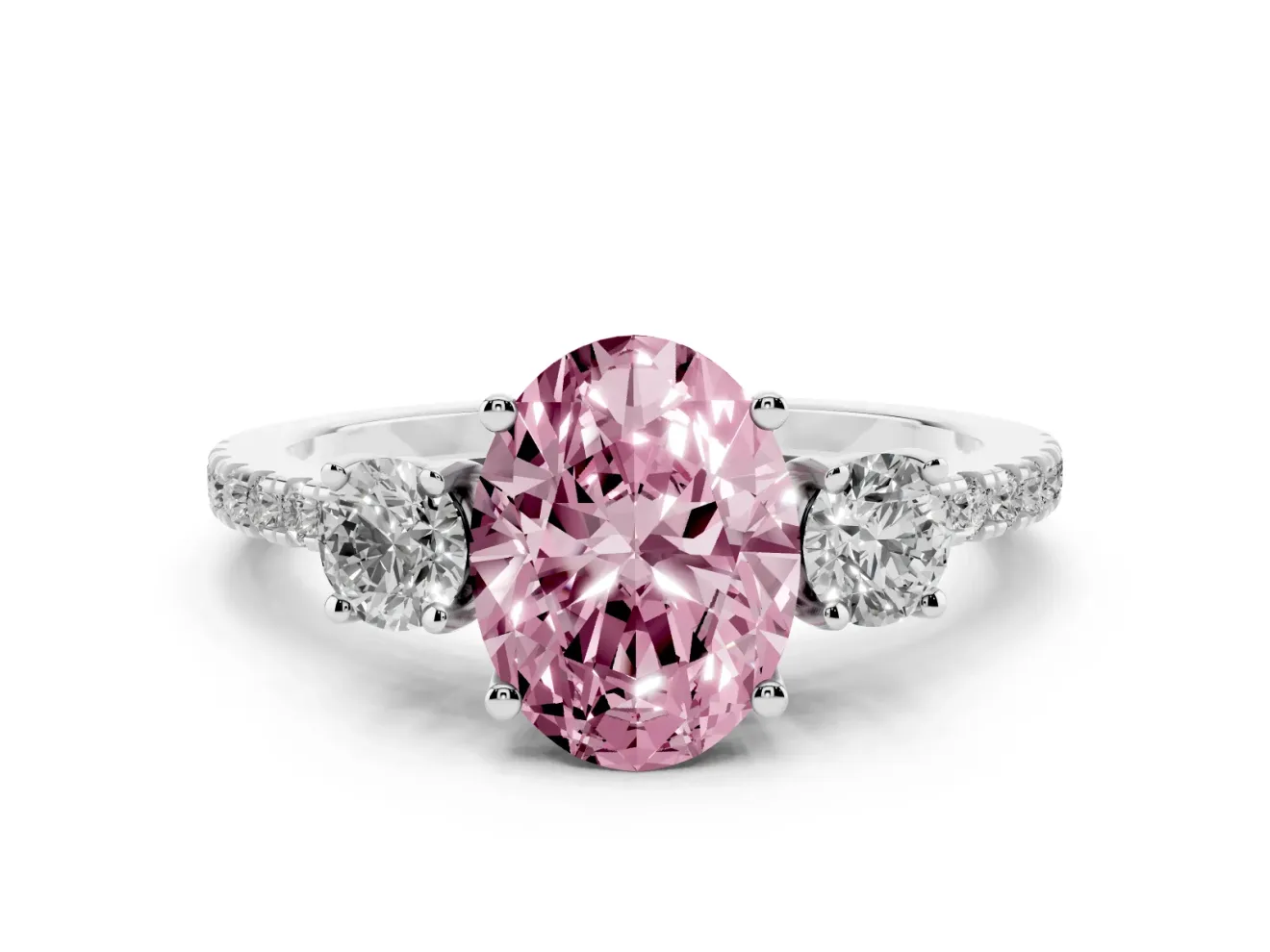 Fancy Pink Oval Cut Diamond Three-Stone Ring Set in White gold with Pavé Band and Graduated Sides