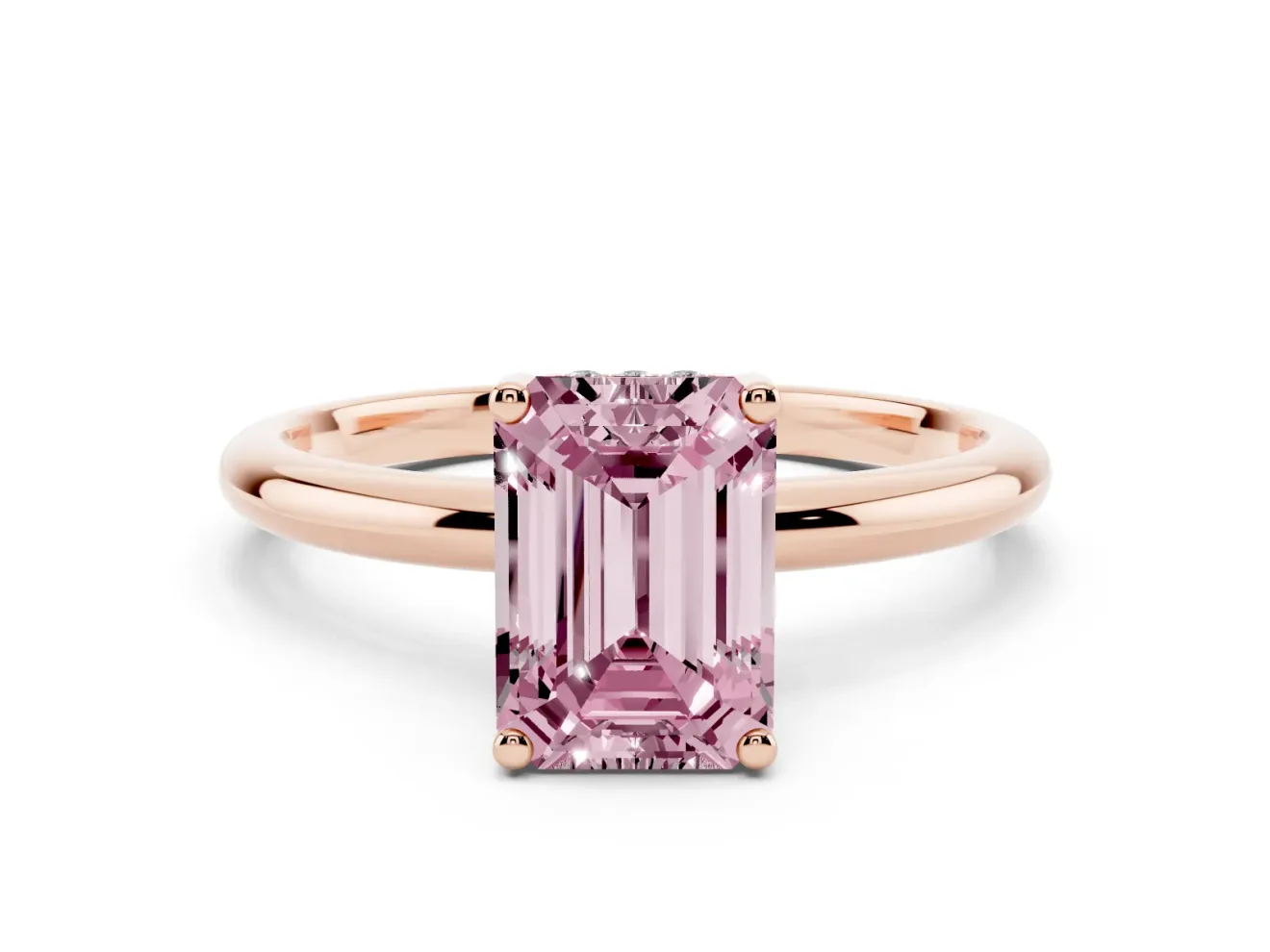 Fancy Pink Emerald Cut Diamond Solitaire Engagement Ring Set in Rose gold with Prong Setting and Polished Band