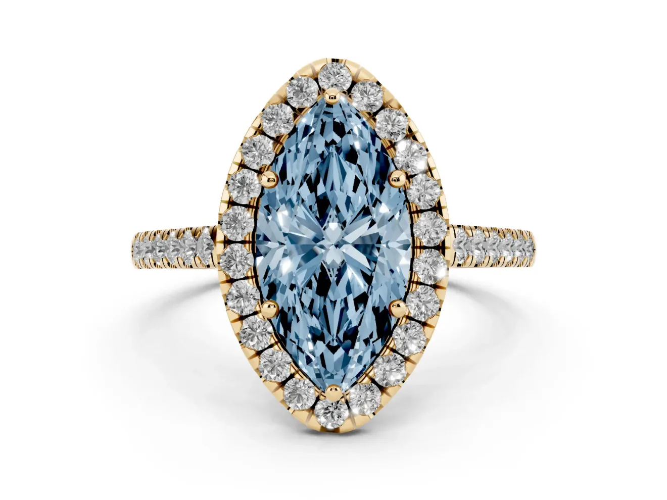 Marquise Halo Engagement Ring Setting for a Fancy Blue Lab-Grown Diamond | Pave Shoulders | Yellow Gold