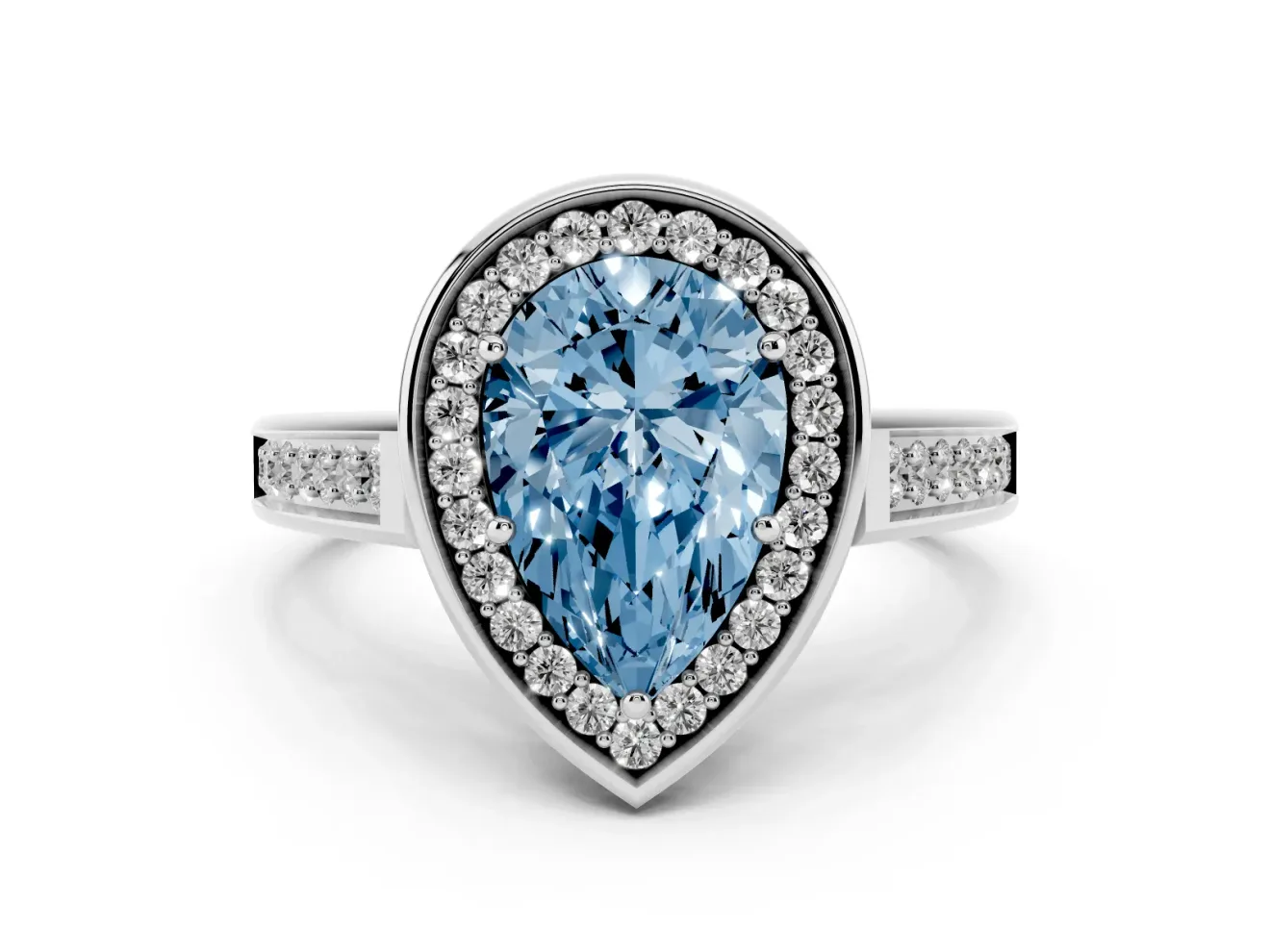 Fancy Blue Pear Cut Diamond Halo Solitaire Ring Set in Silver with Pavé Band and Bezel Setting