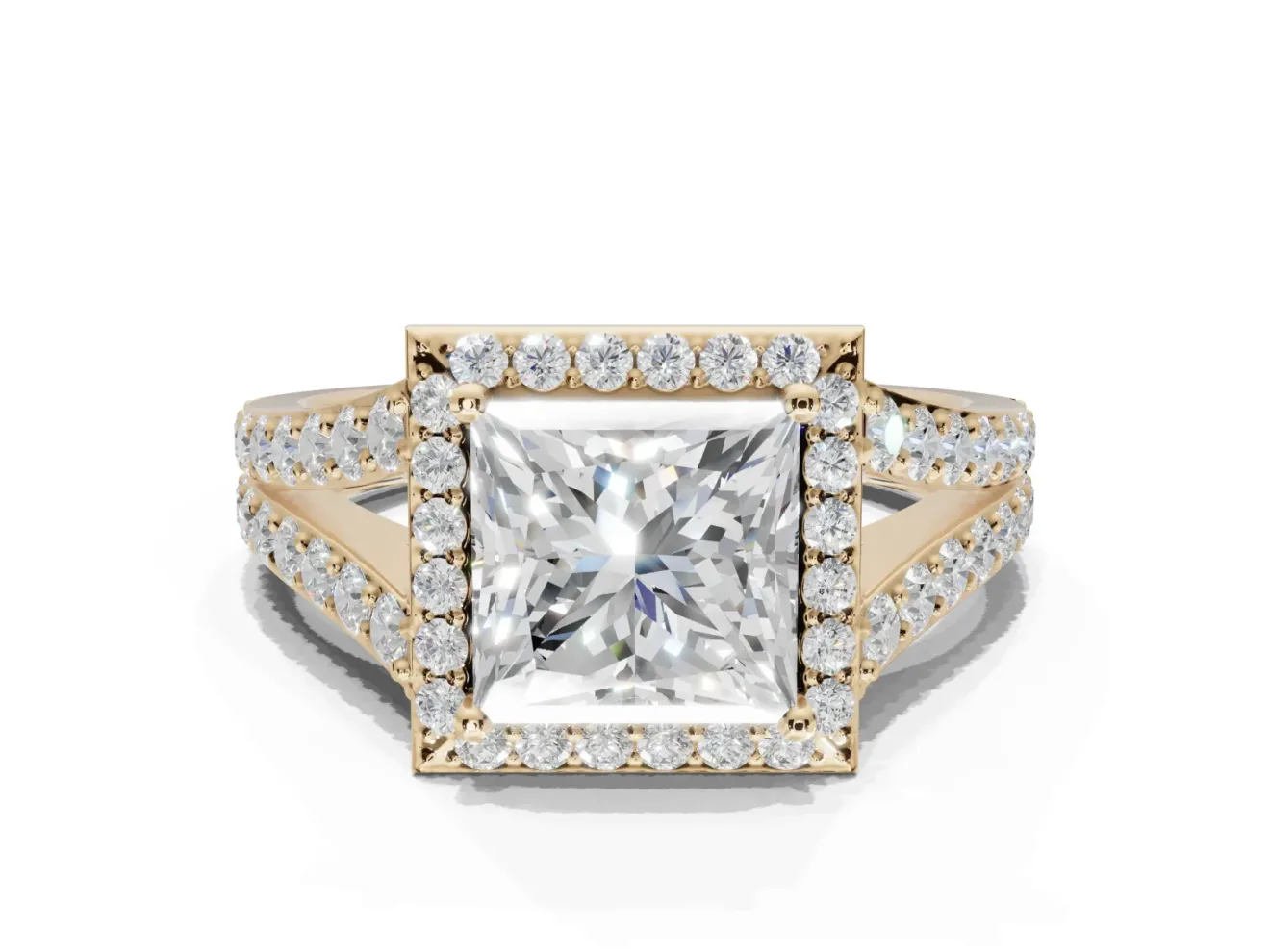 Princess Cut Halo Pavé Engagement Ring Setting | Narrow Split Shank | Yellow Gold